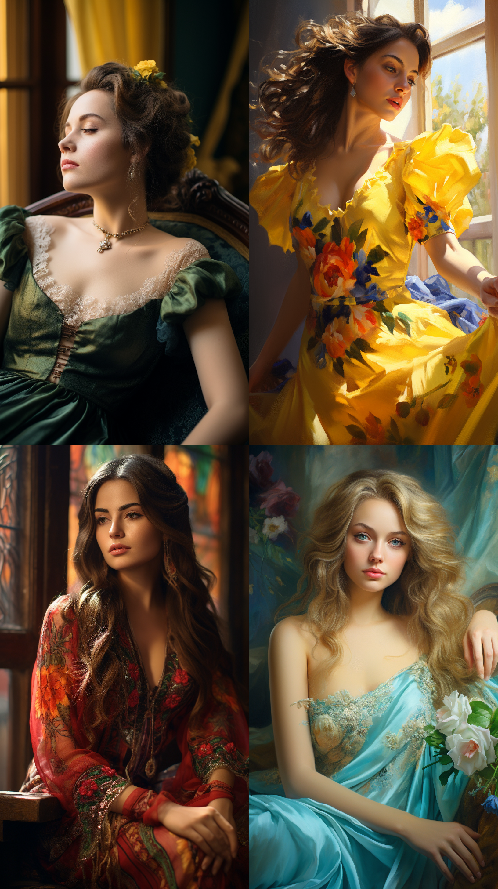 室内拍摄，明亮色调，模特穿着古典服装，侧面肖像，柔和光线，中焦镜头，端庄表情，优雅动作，传统元素，油画效果，温暖情感