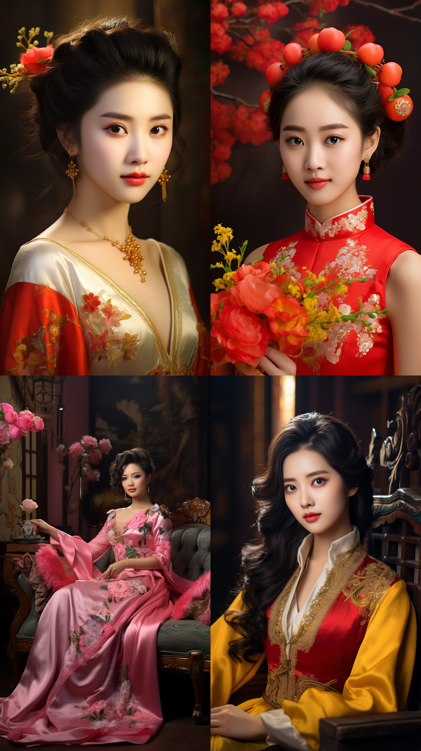 室内拍摄，明亮色调，中国模特穿着古典服装，侧面肖像，柔和光线，中焦镜头，端庄表情，优雅动作，传统元素，油画效果，温暖情感