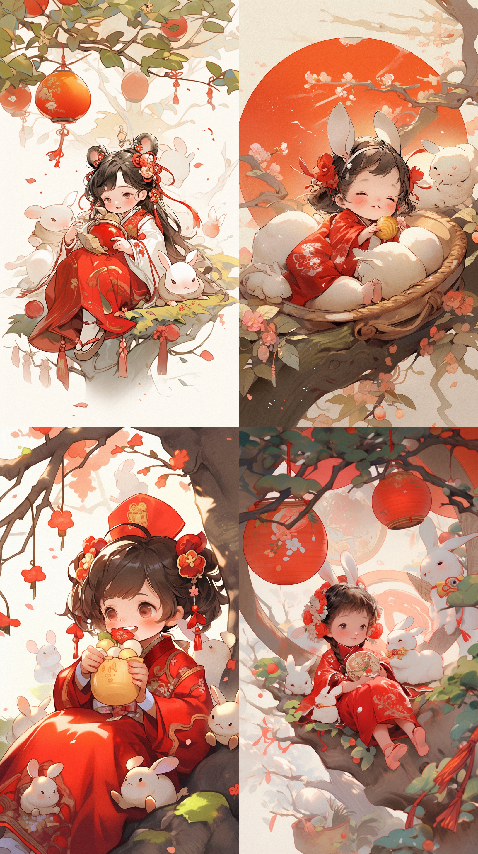 一个胖乎乎的可爱的小仙女，在桂花树下荡秋千，圆圆的脸，穿着中国古代的衣服，还有一只小兔子在一个巨大的月饼上玩耍。祥云，红彤彤