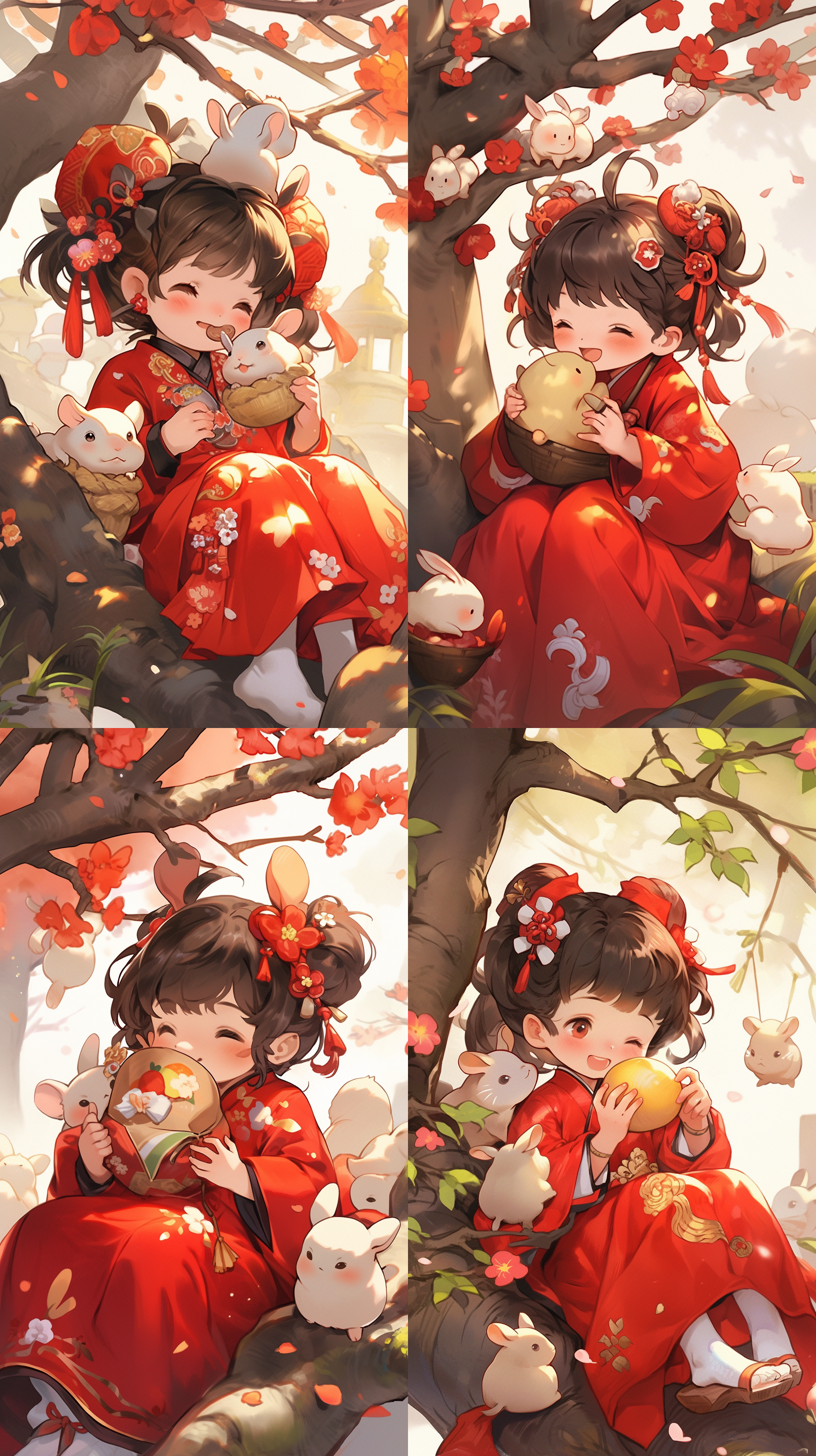 一个胖乎乎的可爱的小仙女，在桂花树下荡秋千，圆圆的脸，穿着中国古代的衣服，还有一只小兔子在一个巨大的月饼上玩耍。祥云，红彤彤