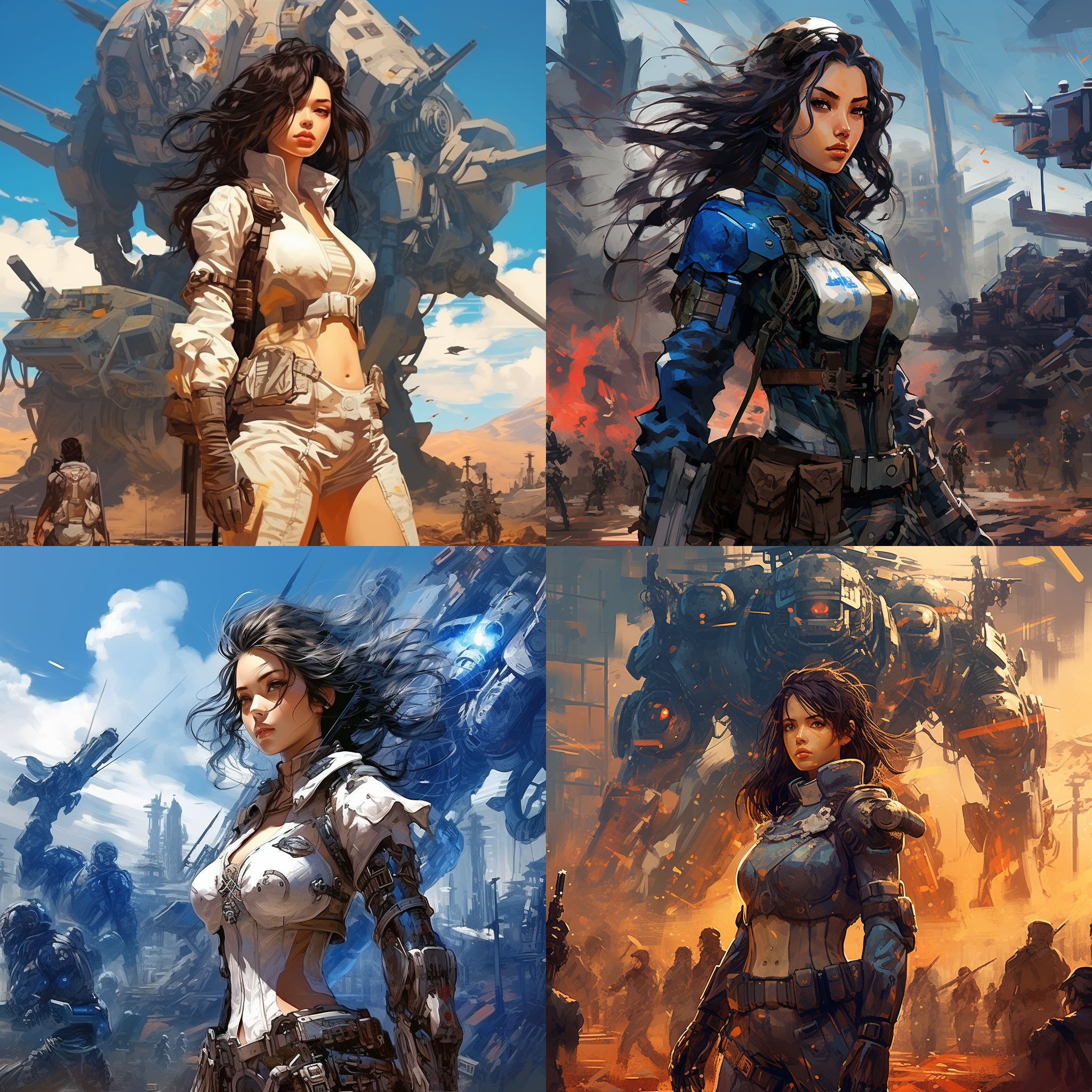 机甲战士与中国女性在战场上，后现代风格，美式漫画风，丰富细节，严肃氛围，逆光，长焦镜头，动作准备，蓝色调，坚毅。