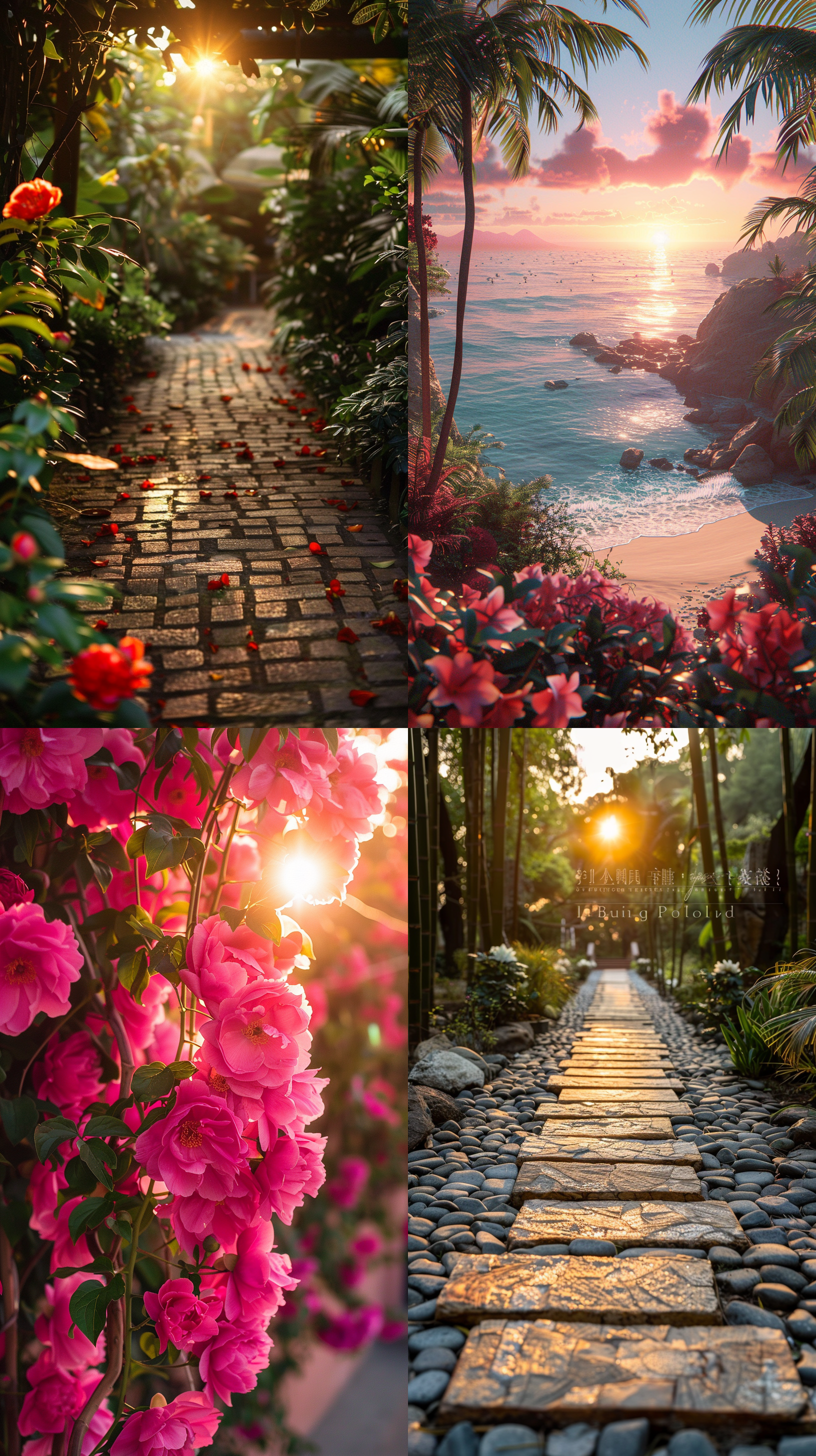 生活成为度假，沙滩日落，轻松自在，清晰概念，远景，温暖色调，长焦镜头，柔和侧光，休闲散步，海浪拍打，放松愉悦。 照片写实 魔法花园 竹子 牡丹 梦幻灯光