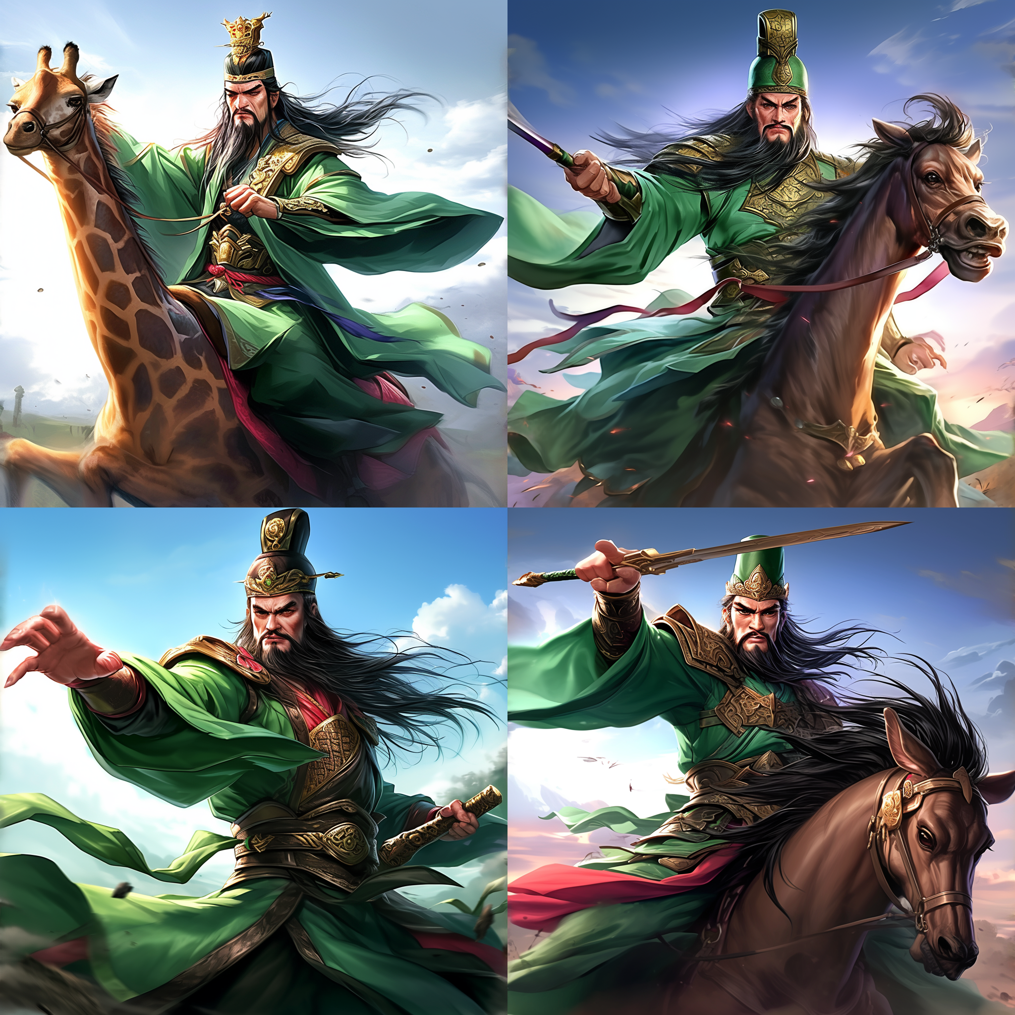 关羽身着传统战袍，骑的是雄性长颈鹿。右手握长柄偃月刀，左手托着金元宝，目光坚定。他不胖不瘦，大概30岁。威严，力量，决心。史诗风格，暖色调，全景视角，逆光，动作凝固，古代战士，英雄。