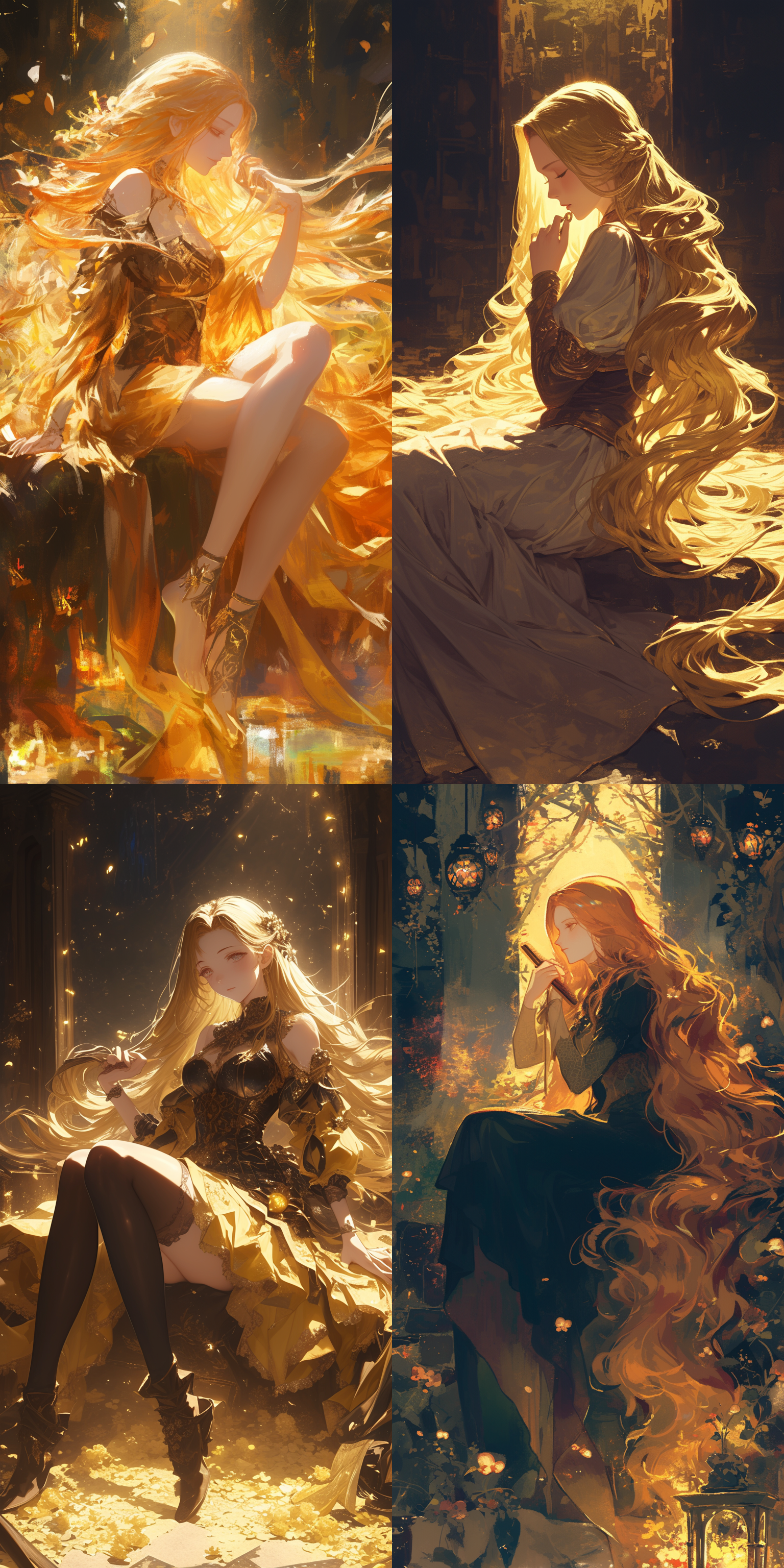 女法师，坐在遗迹的碎石上，梳理着自己发着金色光芒的长卷发，头发发出光芒，夜晚