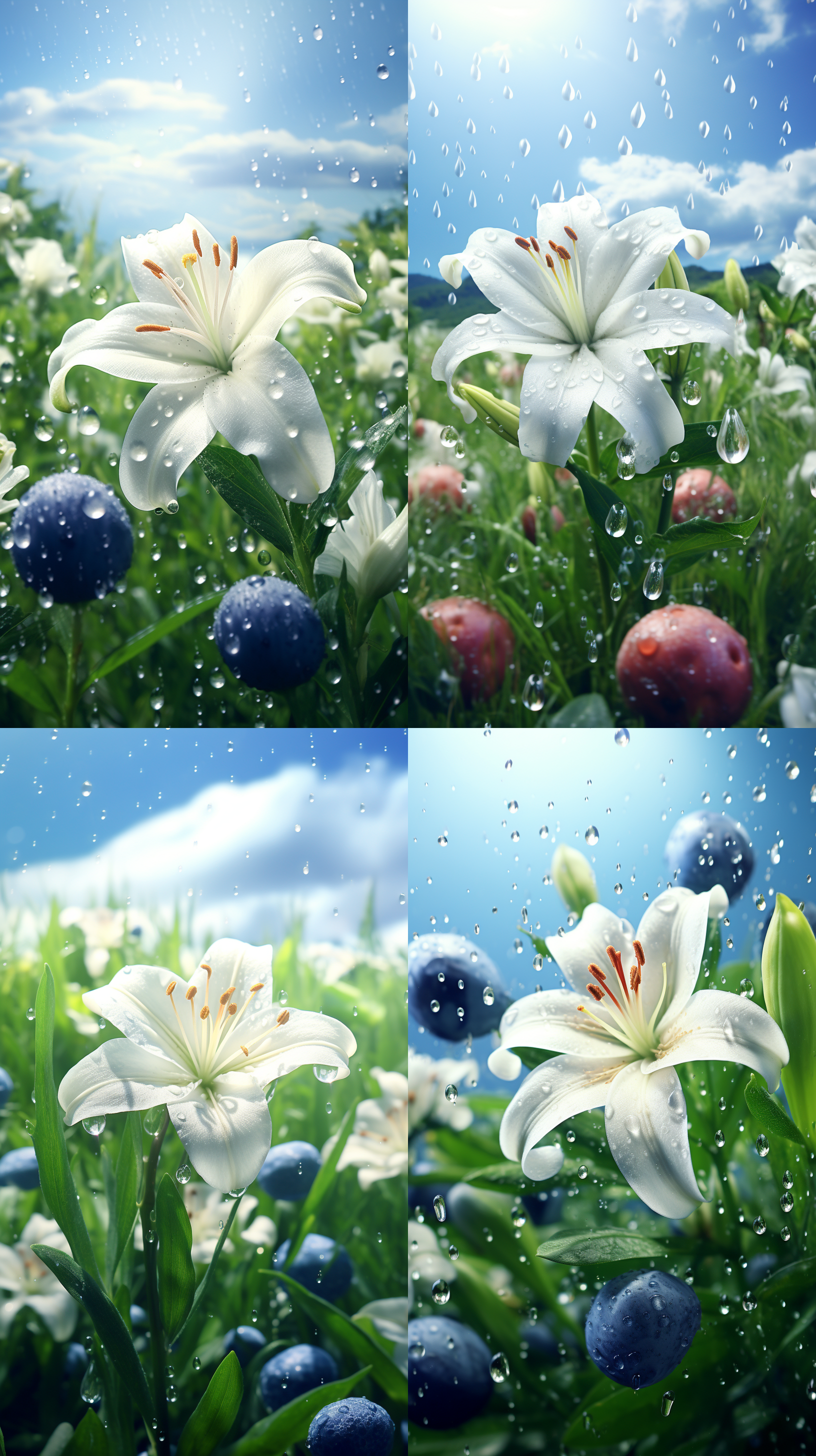 蓝莓、白桃、苹果，流动果汁，清新简约背景::2，产品摄影图，正面图，高清8k 干净背景 宣传海报 森林 草地