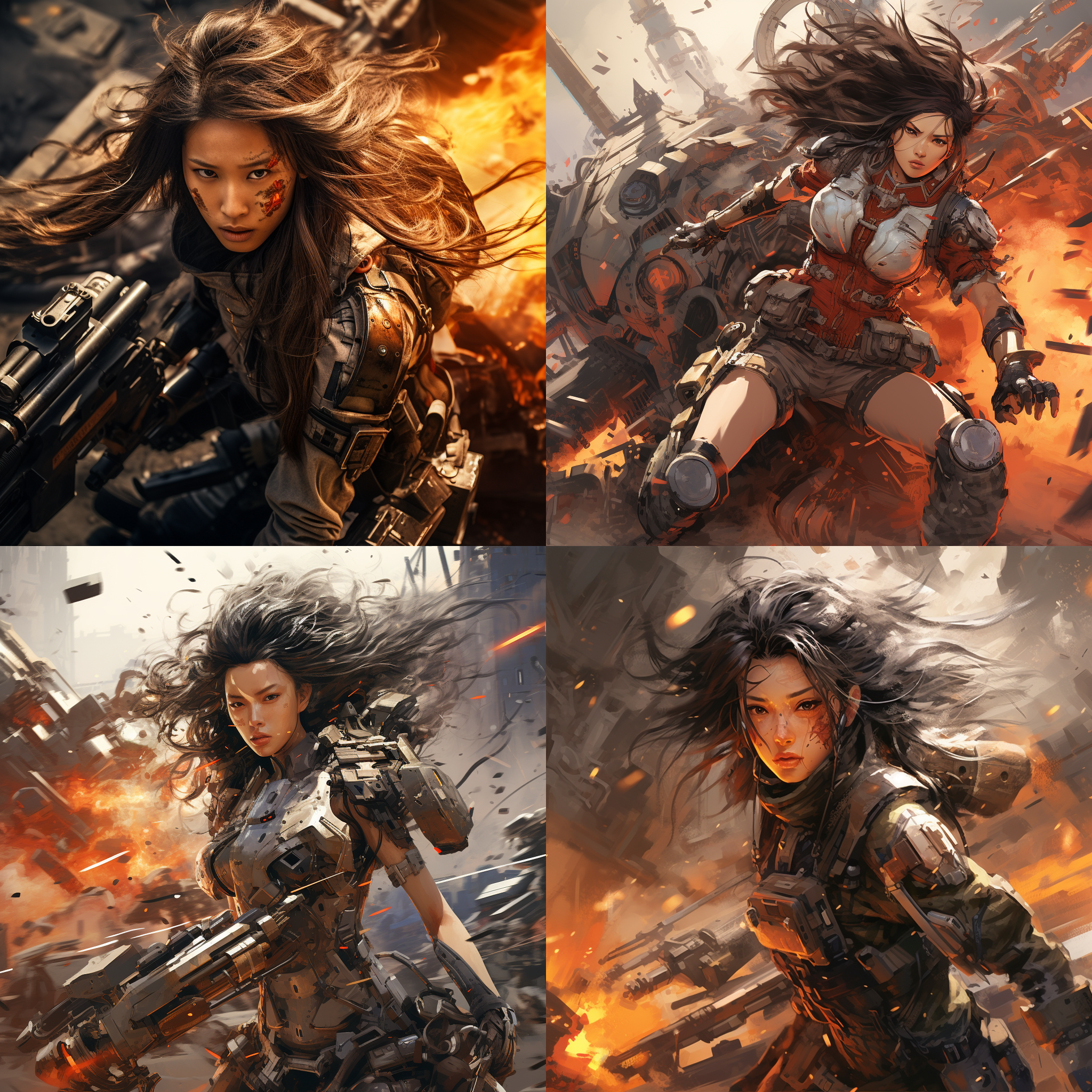 机甲战士，中国女性，战场，战斗姿态，开枪，后现代风格，美式漫画风，细节丰富，氛围严肃。高角度视角，冷色调，长焦镜头，爆炸效果，动作凌厉，紧张气氛。
