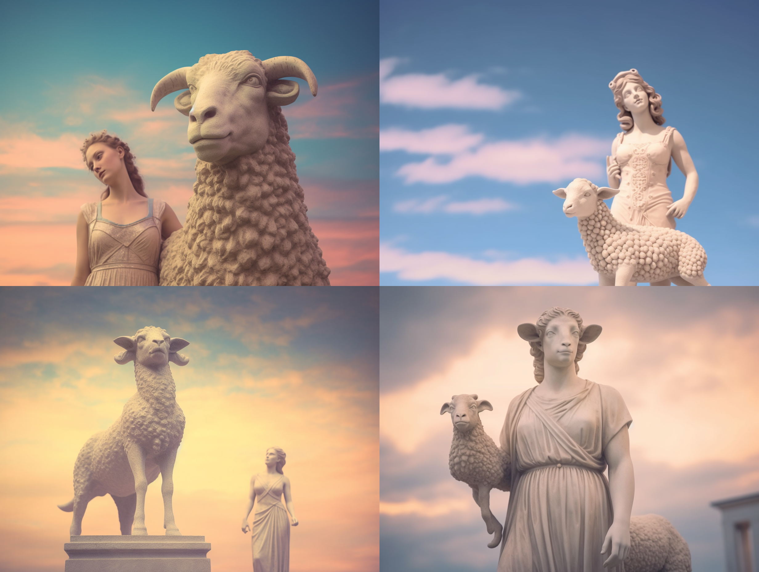 一只羊站在天堂前开心地笑着，面前是维纳斯。中央构图，神秘氛围，维纳斯雕像，天空背景，柔和光线，长焦镜头，温暖色调，微笑，宁静，梦幻。