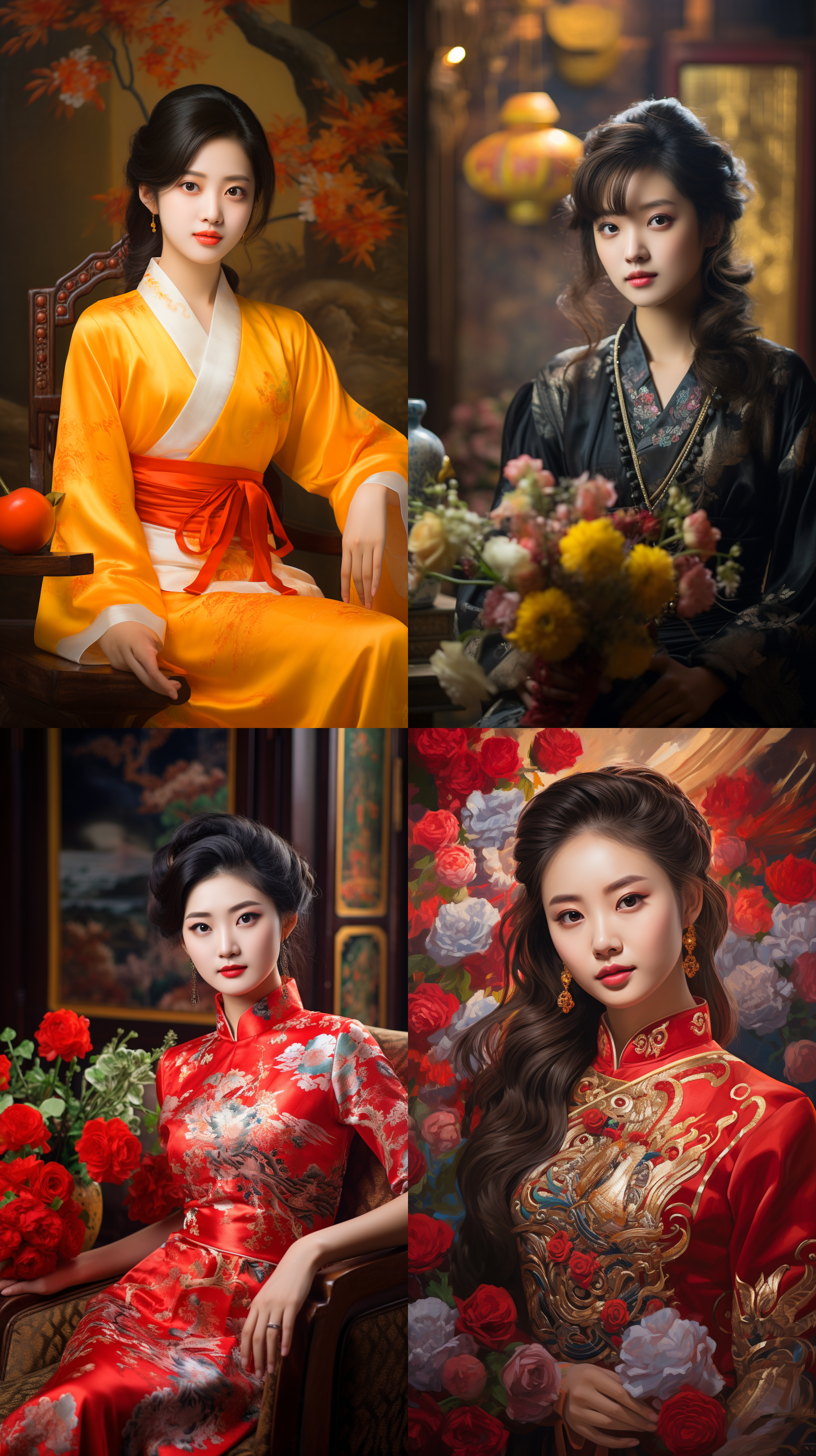 室内拍摄，明亮色调，中国模特穿着古典服装，侧面肖像，柔和光线，中焦镜头，端庄表情，优雅动作，传统元素，油画效果，温暖情感