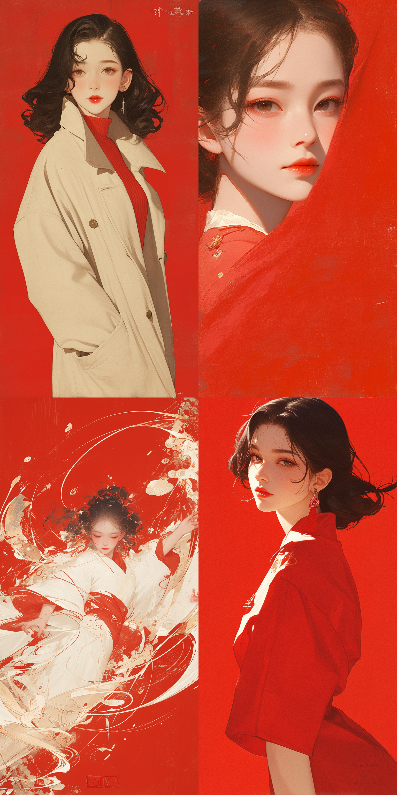 one beauty girl,ancient chinese minimalist painting,disney style,wavy seaside composed of 30 pieces of calligraphy scroll rice paper,pure red background,minimalist paintingbackground,blank composition,facial close-up,looking at viewer,film texture,crazy details,8k,ultra hd