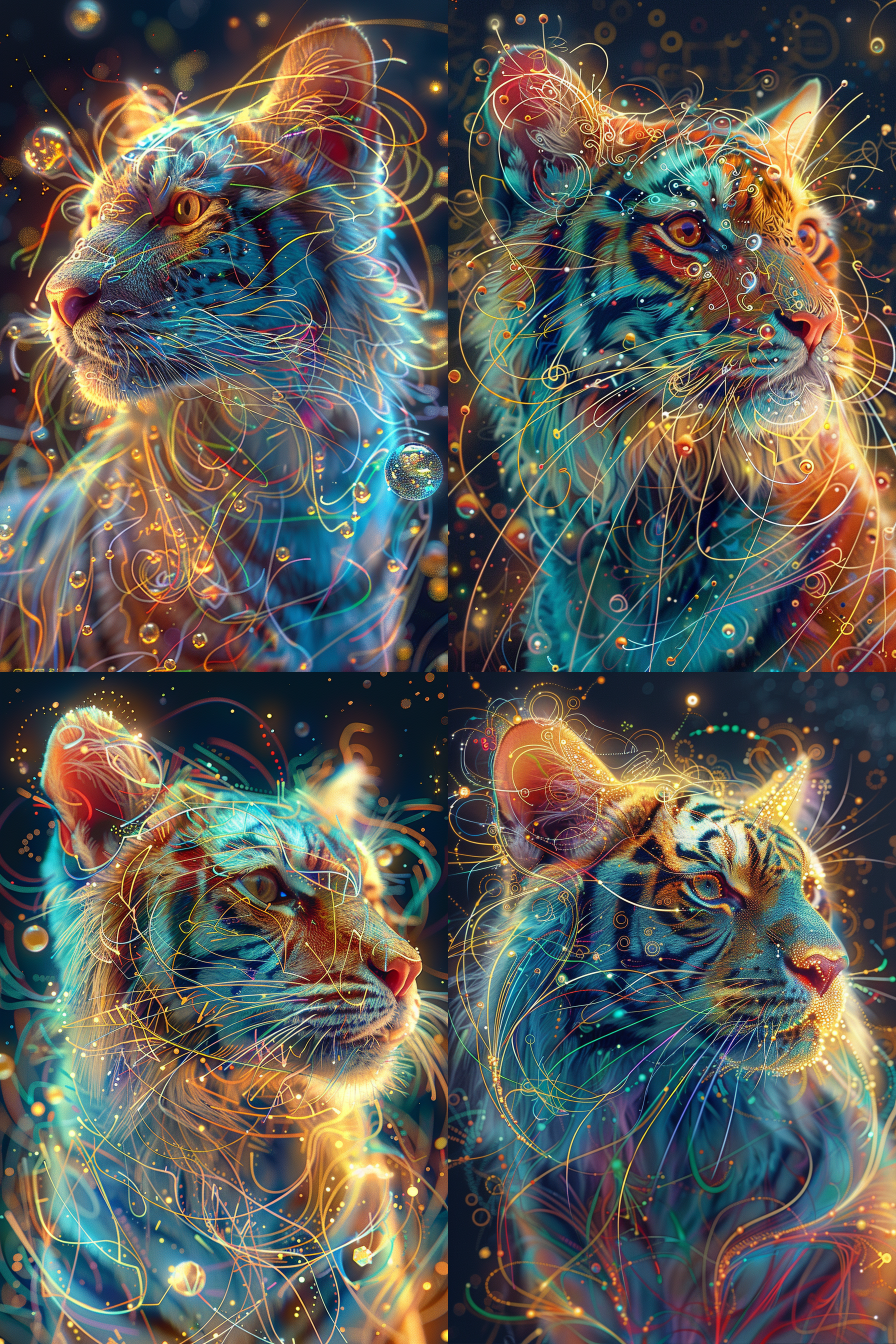 a meticulously crafted portrayal of a fantasy tiger adorned in vibrant lemon green, cherry red, and sky blue hues. quantum dots dance across its fur, mirroring energy levels through swirling cosmic gold patterns. the composition includes elements like pearly dewdrops, refraction diffraction, ferrofluid dynamics, asymmetrical polyhedra toys, ornate line tracings, and intricate details reminiscent of akashic records. the visual experience is enhanced by the use of octane render, culminating in a mesmerizing display featuring gold hieroglyphics.