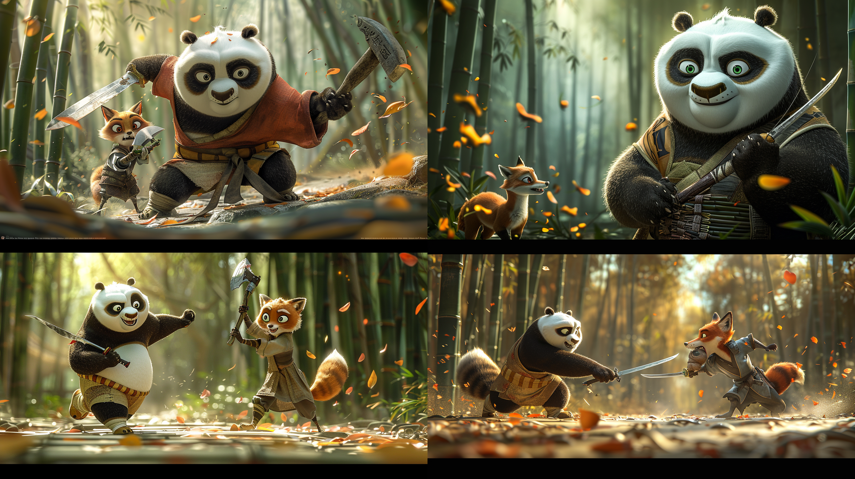 within the dense bamboo grove, a kung fu panda, skillfully brandishing a gleaming sword, a sly fox grasping a menacing axe, locked in combat in a clearing bathed in moonlight, shadows dancing around them, evoking a sense of ancient martial arts mastery, surrounded by towering bamboo stalks and drifting petals, in a composition that highlights the elegance and fierceness of the combatants, captured in a vibrant and dynamic artwork.