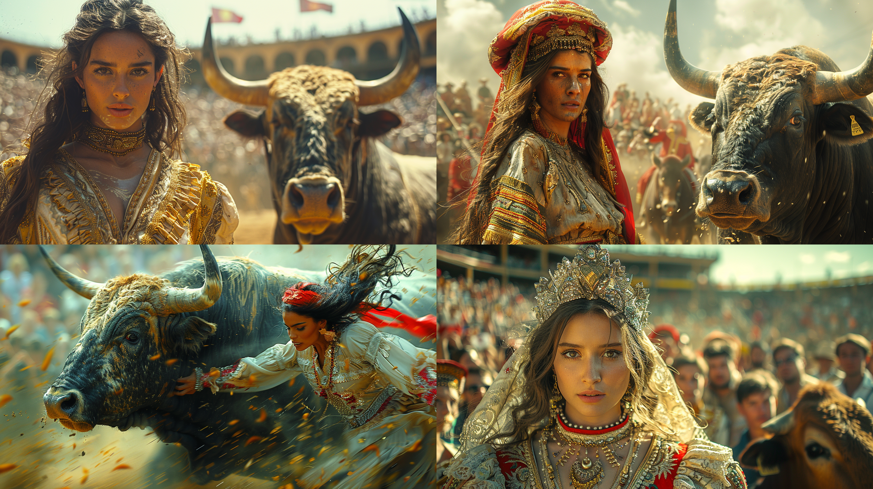 女斗牛士身着华丽的西班牙斗牛服，面对一头威猛的牛。照片构图对称，充满动感。背景是一个宽敞的斗牛场，周围观众欢呼雀跃。女斗牛士表情坚定，目光坚毅。照片风格高饱和度，明亮的色彩，强烈的对比度，展现了斗牛士的勇气与决心。斗牛士、牛、斗牛场、观众、华丽、动感、对称、坚定、勇气、决心、高饱和度、明亮、对比度。