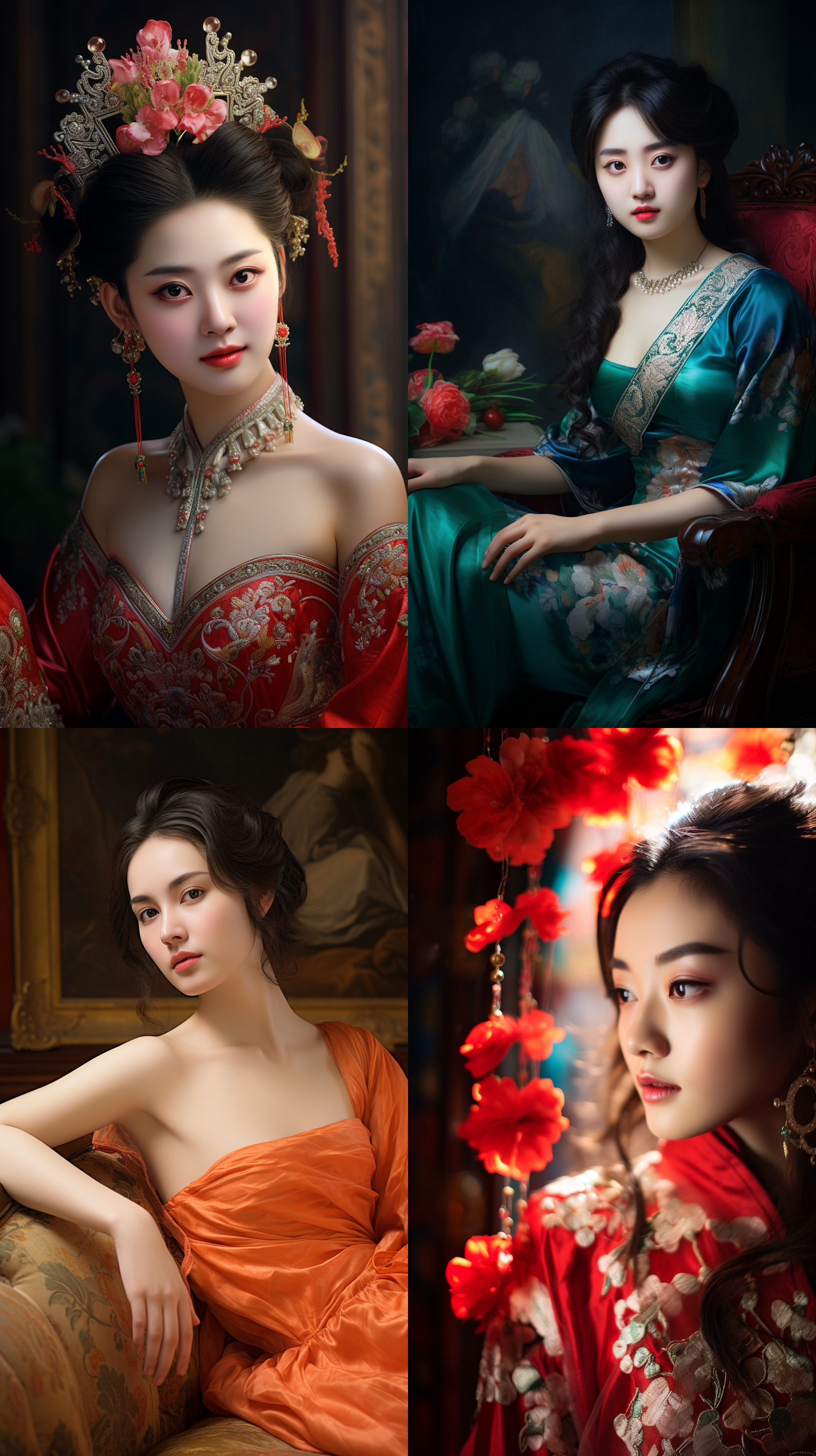 室内拍摄，明亮色调，中国模特穿着古典服装，侧面肖像，柔和光线，中焦镜头，端庄表情，优雅动作，传统元素，油画效果，温暖情感