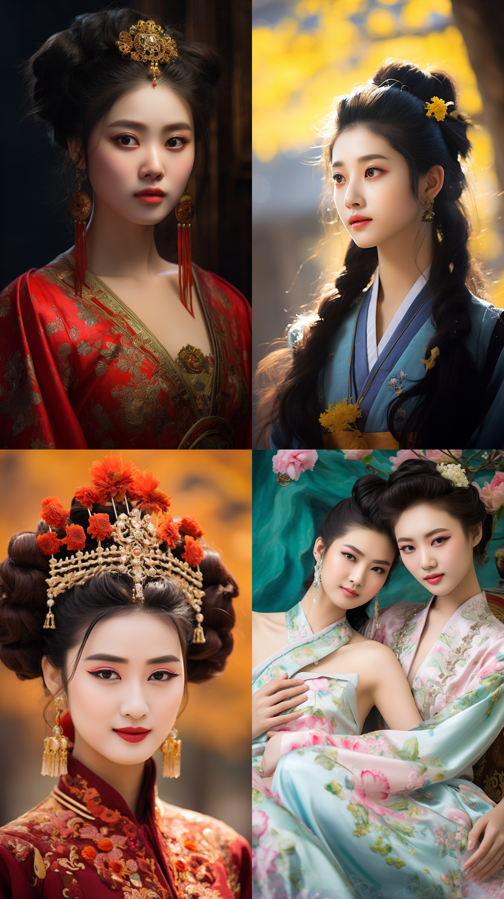 室外拍摄，明亮色调，中国模特穿着古典服装，侧面肖像，柔和光线，中焦镜头，端庄表情，优雅动作，传统元素，油画效果，温暖情感