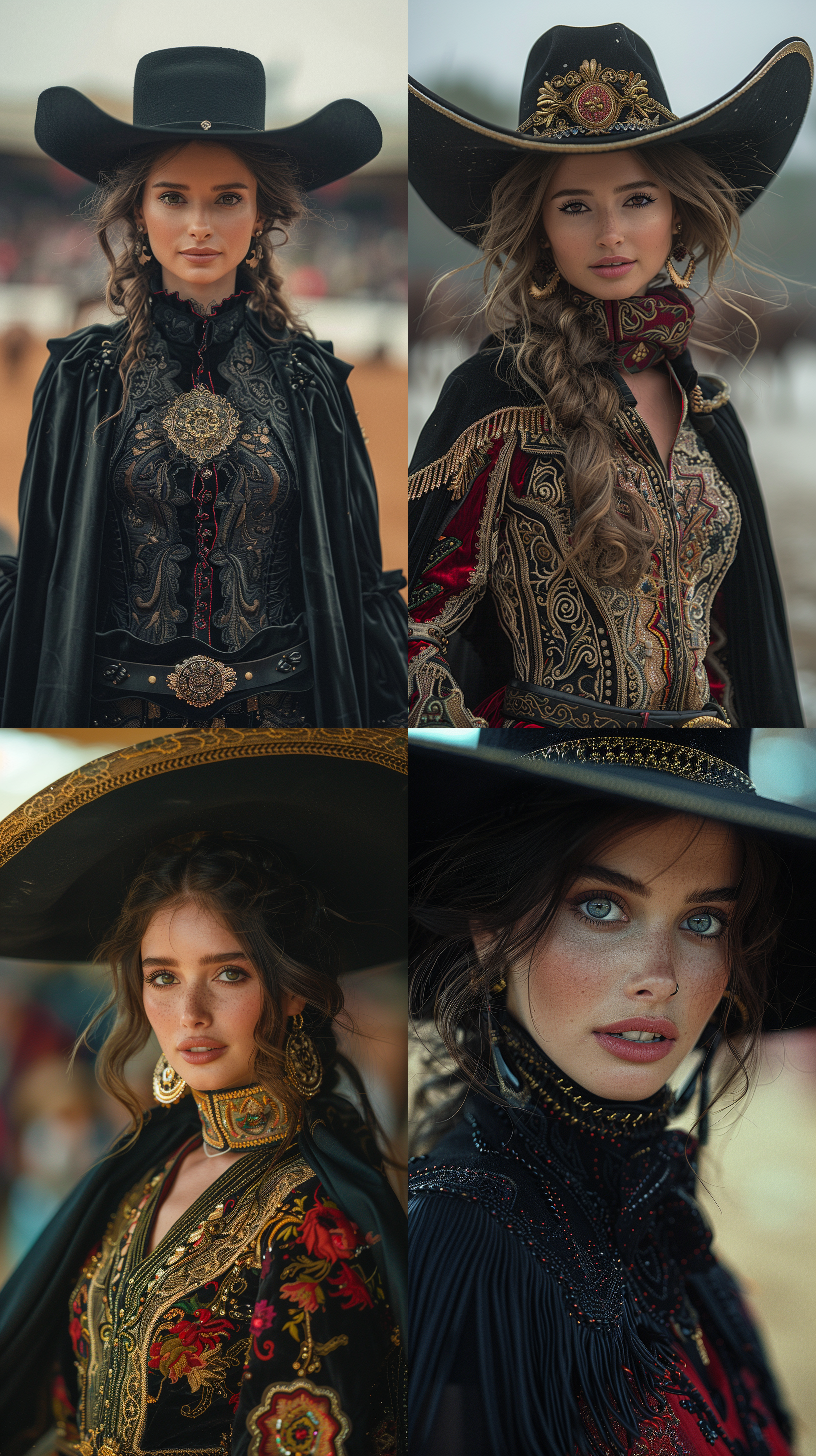 女斗牛士与公牛对峙，角度低视角，黑色斗篷，红色斗牛服，阔帽，自信表情，斗牛场内，传统风格，高饱和度，长焦镜头，动作准备，挑战，激情。