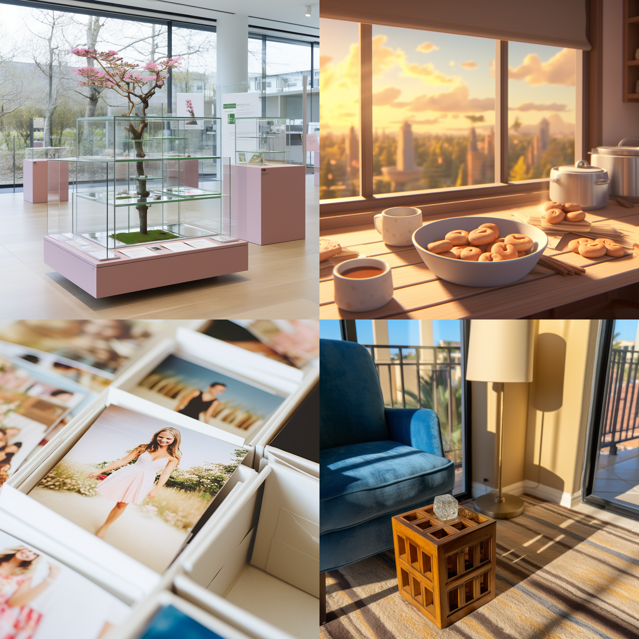 白色桌面上，摆放着精美的图片盒子，透过玻璃盒子可以看到里面装满了五彩斑斓的照片，阳光透过窗户洒在盒子上，投下柔和的光影。高角度俯视，静态构图，自然光，细节丰富，温暖色调，静谧。