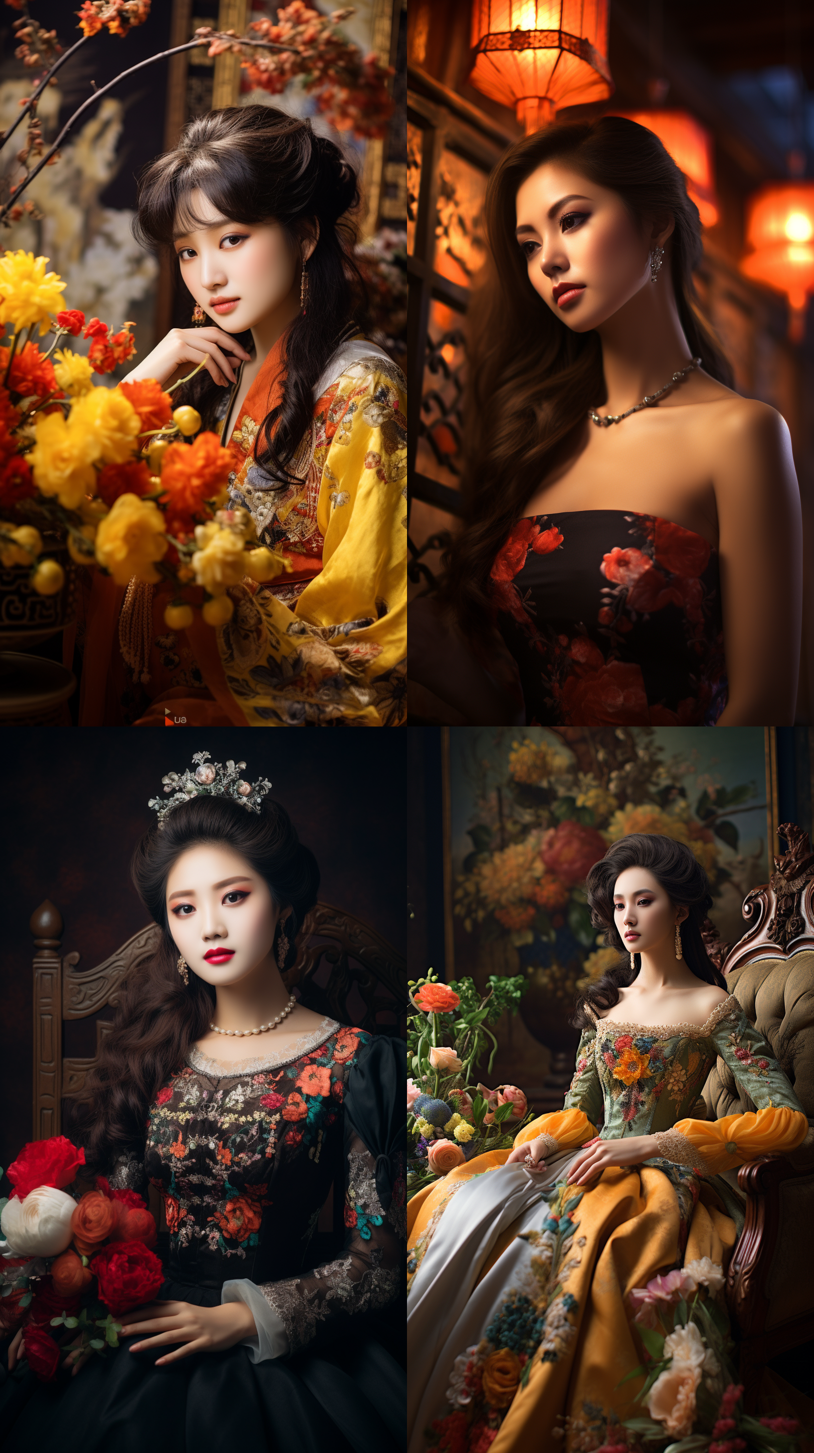 室内拍摄，明亮色调，中国模特穿着古典服装，侧面肖像，柔和光线，中焦镜头，端庄表情，优雅动作，传统元素，油画效果，温暖情感