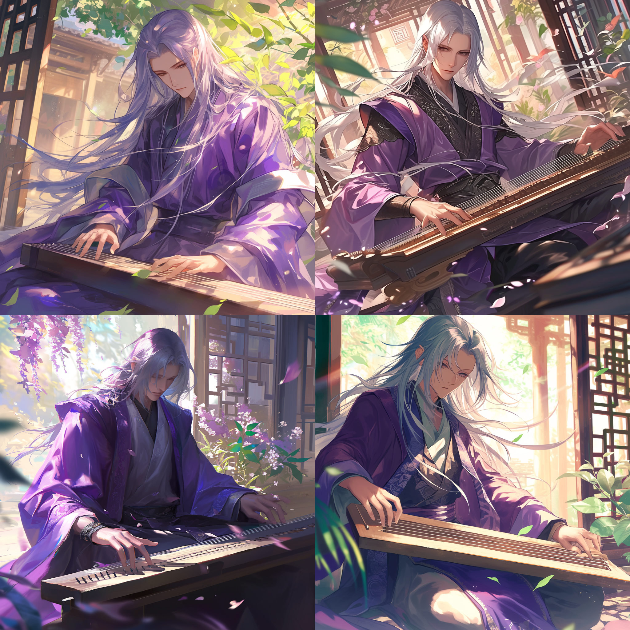 紫衣银发男性，端坐于庭院，阳光透过树叶洒在他身上。他手持古筝，目光专注，嘴角微微上扬。庭院中花草繁盛，风吹起叶子，画面充满生气。国风古韵，细腻的肤色，柔和的色调，背景虚化，透视构图，细致的纹路，自然光线，静谧，优雅，宁静。