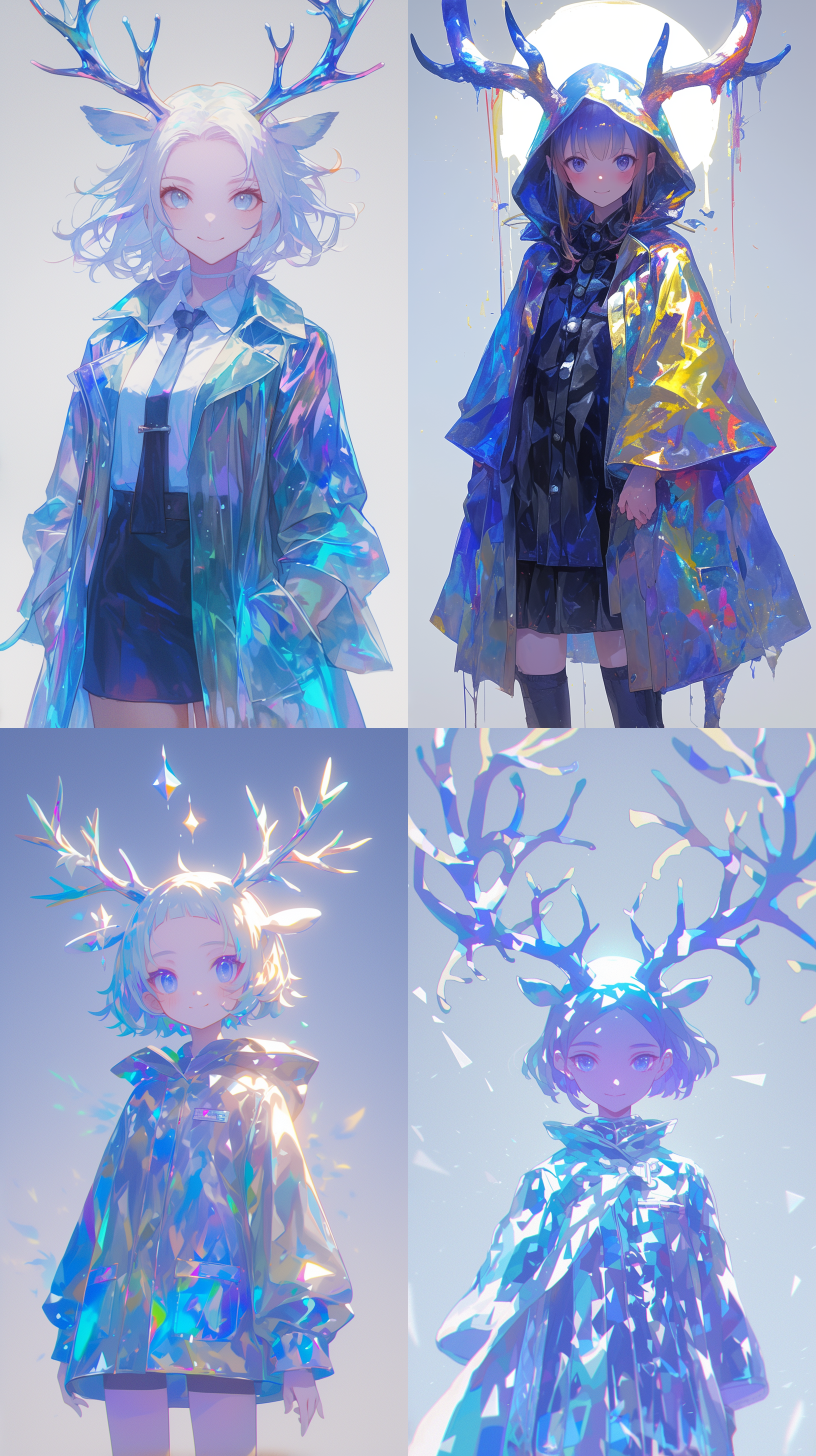 鹿角女孩，彩虹雨衣，幻想风格，全身特写，清晰轮廓，绚丽色彩，逆光，柔和光线，童真笑容，蓝紫调色，梦幻情感。