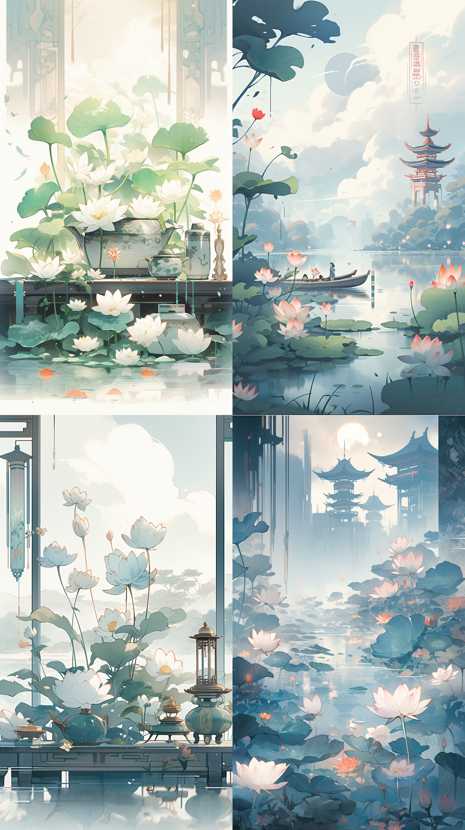 现代中国海报陶瓷，东方风格的山水画，前景是荷花莲蓬，充满活力的插图，背景有书法文字，柔和梦幻的描绘，扁平海报艺术，美丽的平衡，清晰的细节，色彩丰富，细致入微，光影交错，生动自然，中国传统元素，繁花似锦，静谧宁静，优雅大气 ar