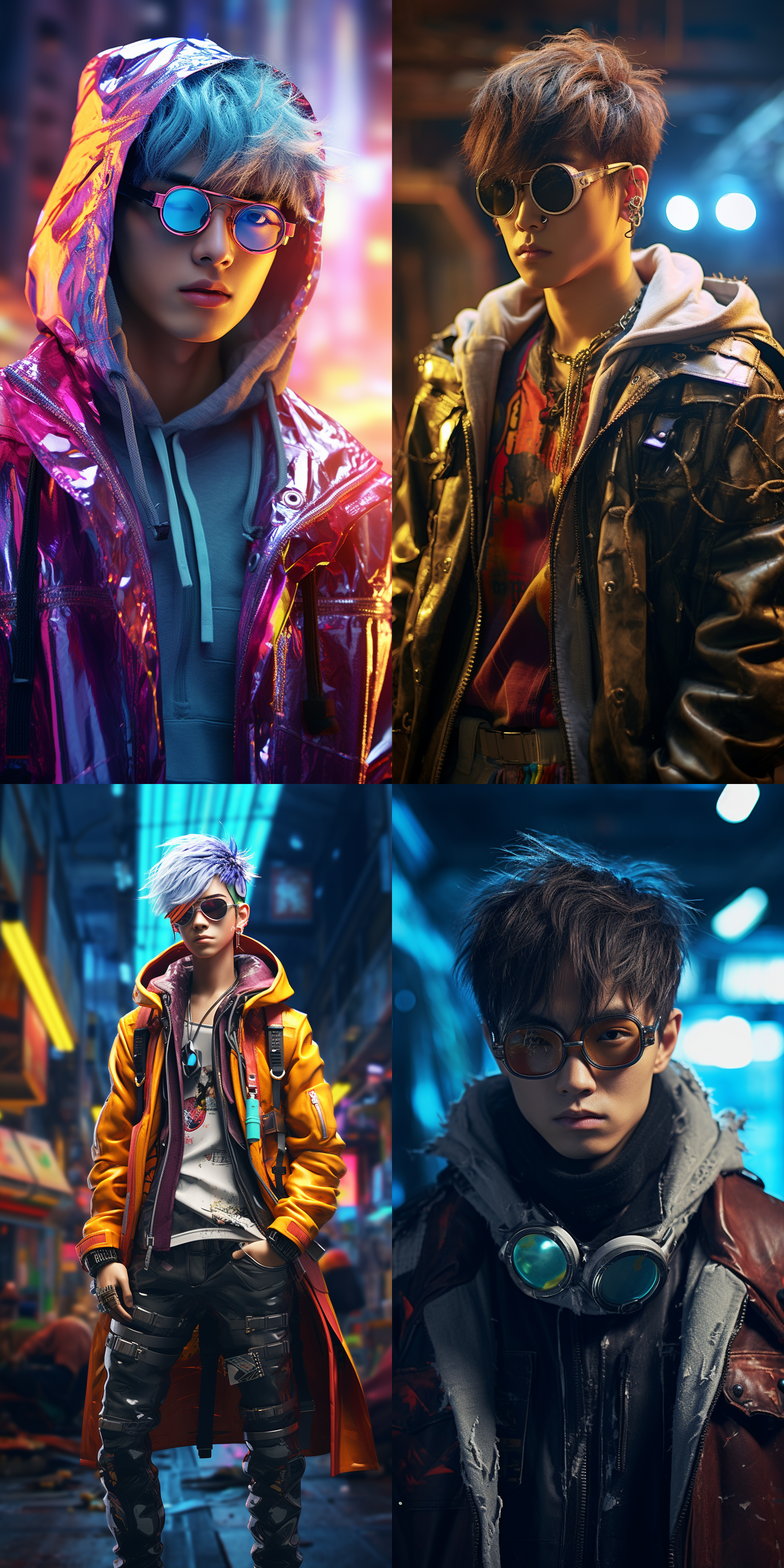 废土风格，摄影大赛，亚洲超帅男生(高级精致的面容 id)，短发，空气刘海发型，炫酷眼镜，废土穿搭，色彩鲜艳，明亮的光线，正面视角，全身镜头，超精细，超清晰度，超高分辨率，超高品质，超高质量，超高清，32k