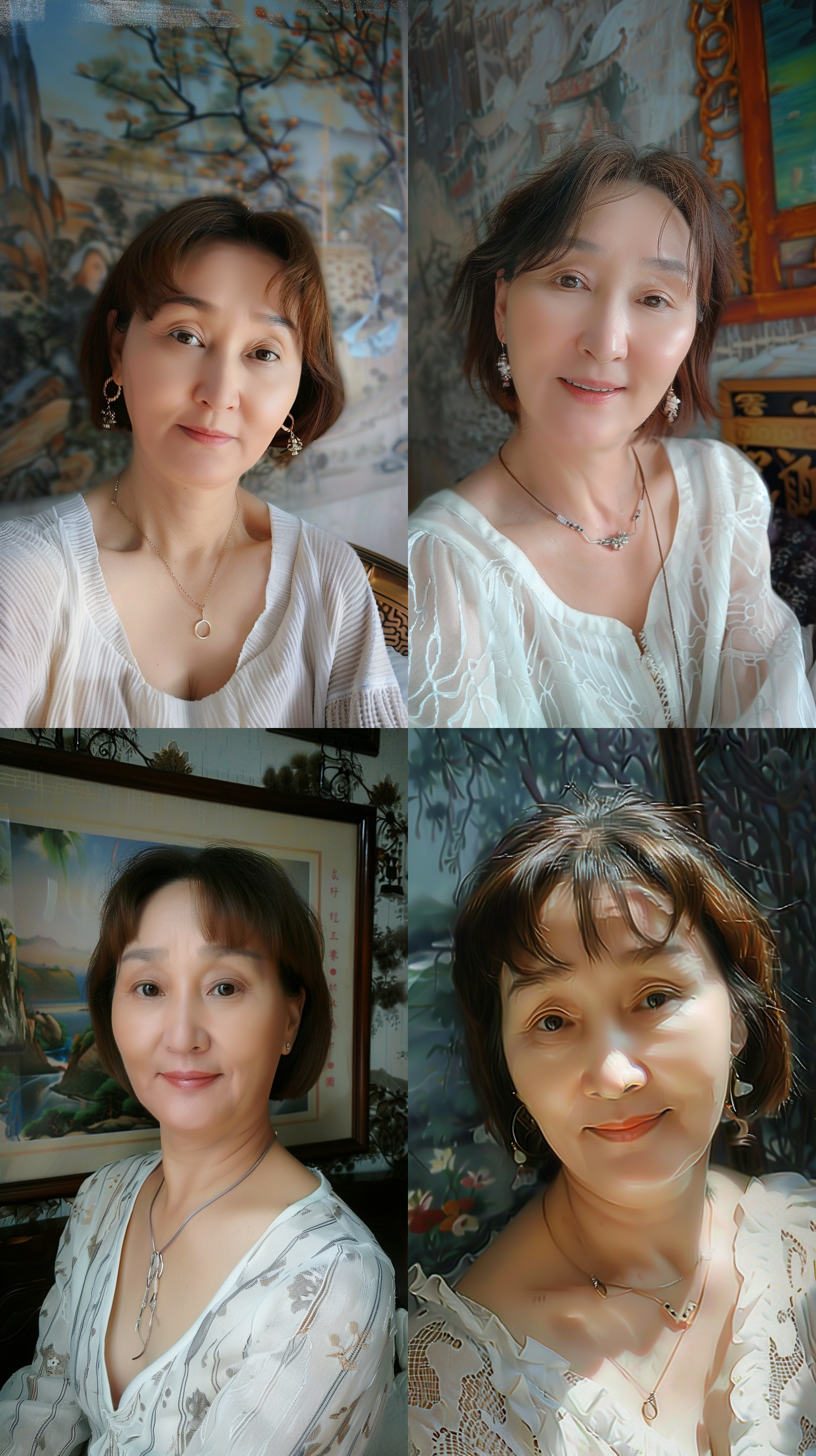 美女微笑，正面拍摄，柔和光线，浅景深，自然风景背景，温暖色调，微风吹拂发丝，素颜妆容，自然表情，柔和肌肤，舒适服装，愉悦氛围。 油画 电影灯光 开心