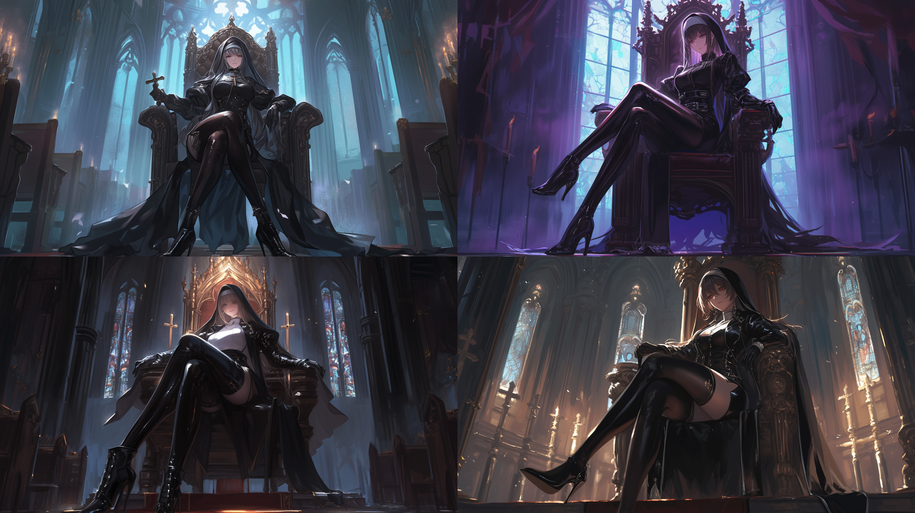 修女坐王座，黑白渐变丝袜，高跟鞋，紧身皮衣，马尾辫，教堂背景，正襟危坐，宗教，神秘，高角度视角，暗色调，柔和侧光，静默，庄严。