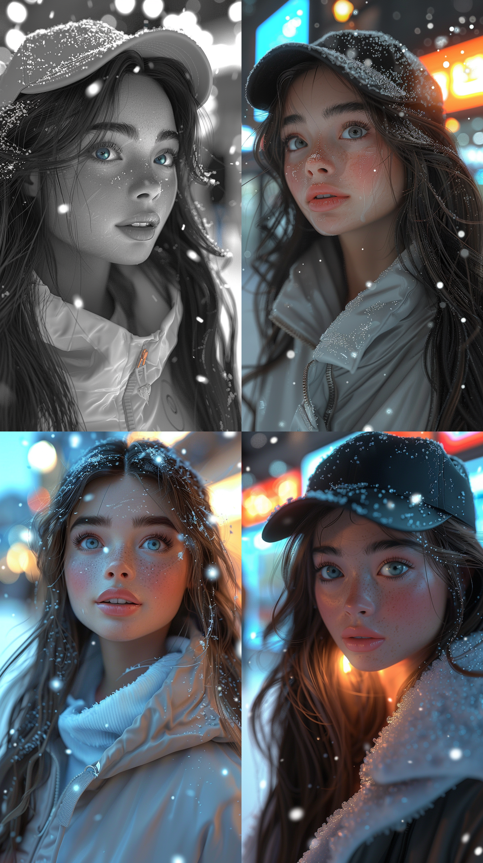 一位美女全身被大雪覆盖，她站在雪地中央，背景是一片白茫茫的雪景。她的长发上挂满了冰晶，脸上露出惊喜的表情。照片采用黑白摄影风格，利用高对比度和明暗交错的阴影增强神秘感。广角镜头捕捉到了周围的雪景，给人一种广袤而寒冷的感觉。冷色调与主题相呼应，传递出清新和纯净的氛围。