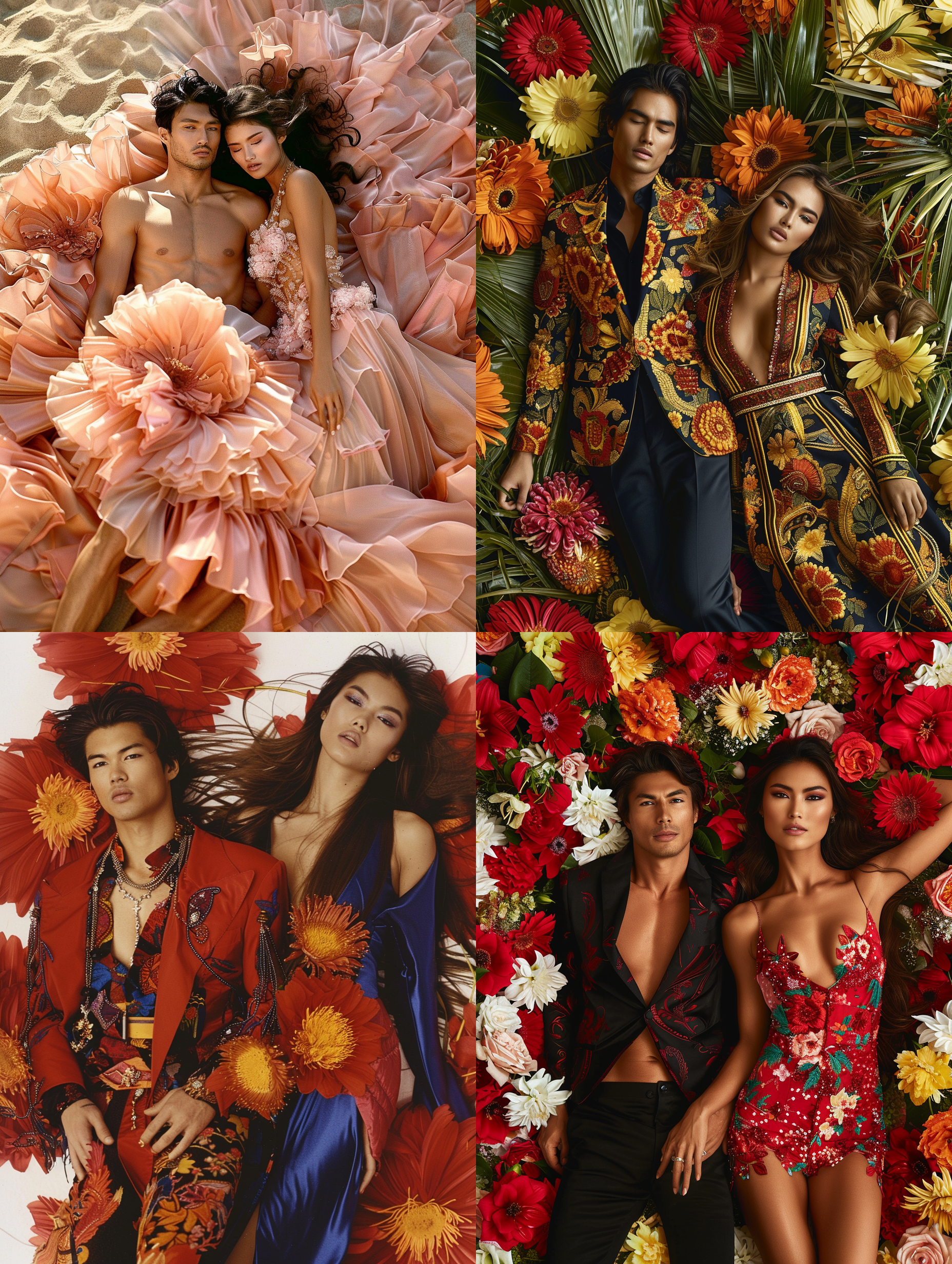 （一男一女：1.5），超模，亚洲人，华丽的服装，躺在地上，铺满大花朵和绸缎，时尚杂志拍摄，逼真的摄影风格，丰富细节