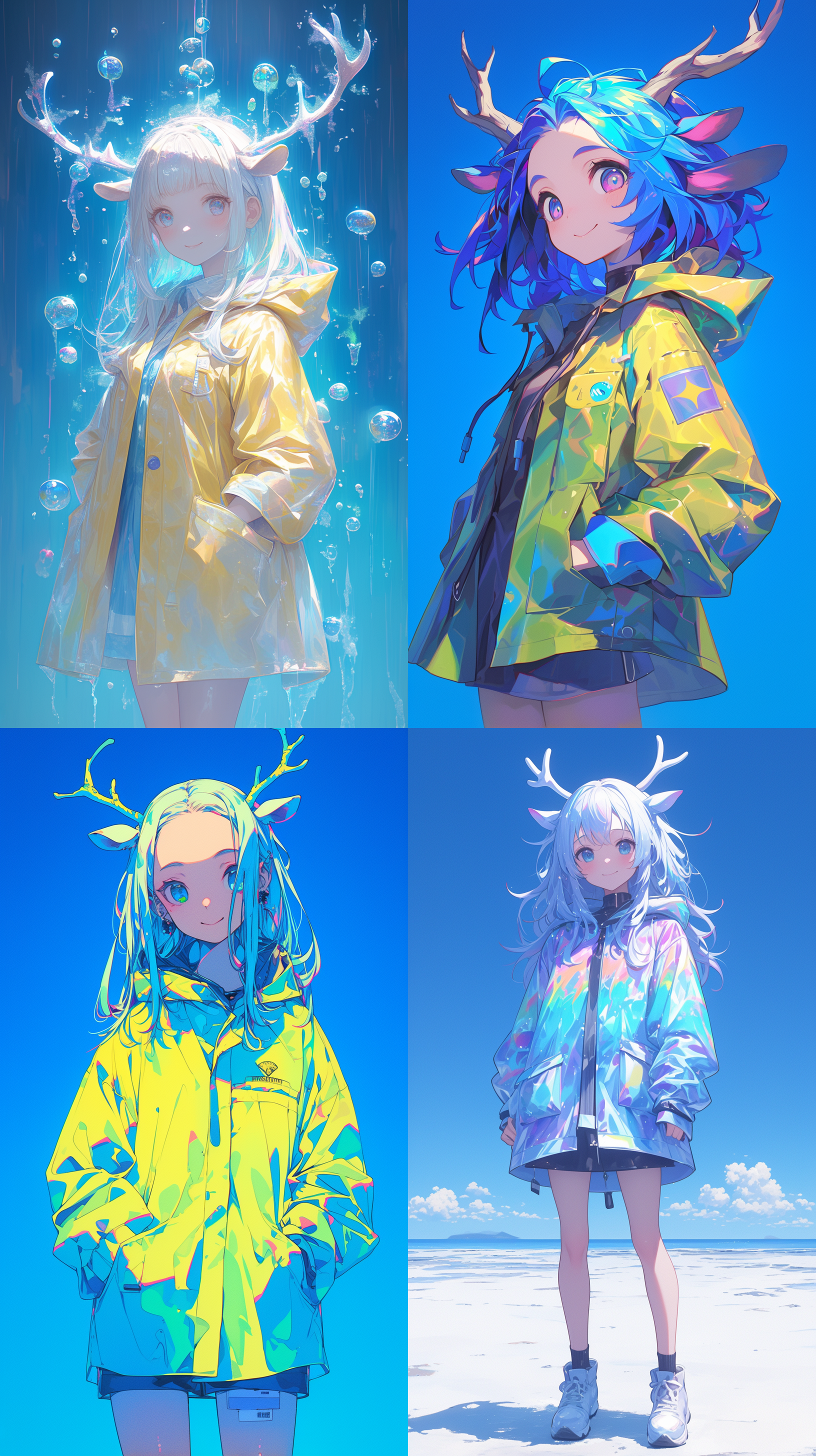 鹿角女孩，雨衣，彩虹薄膜，rgb颜色，蓝紫色，清新背景，全身，细节清晰，透视感，柔和光线，微笑，可爱。