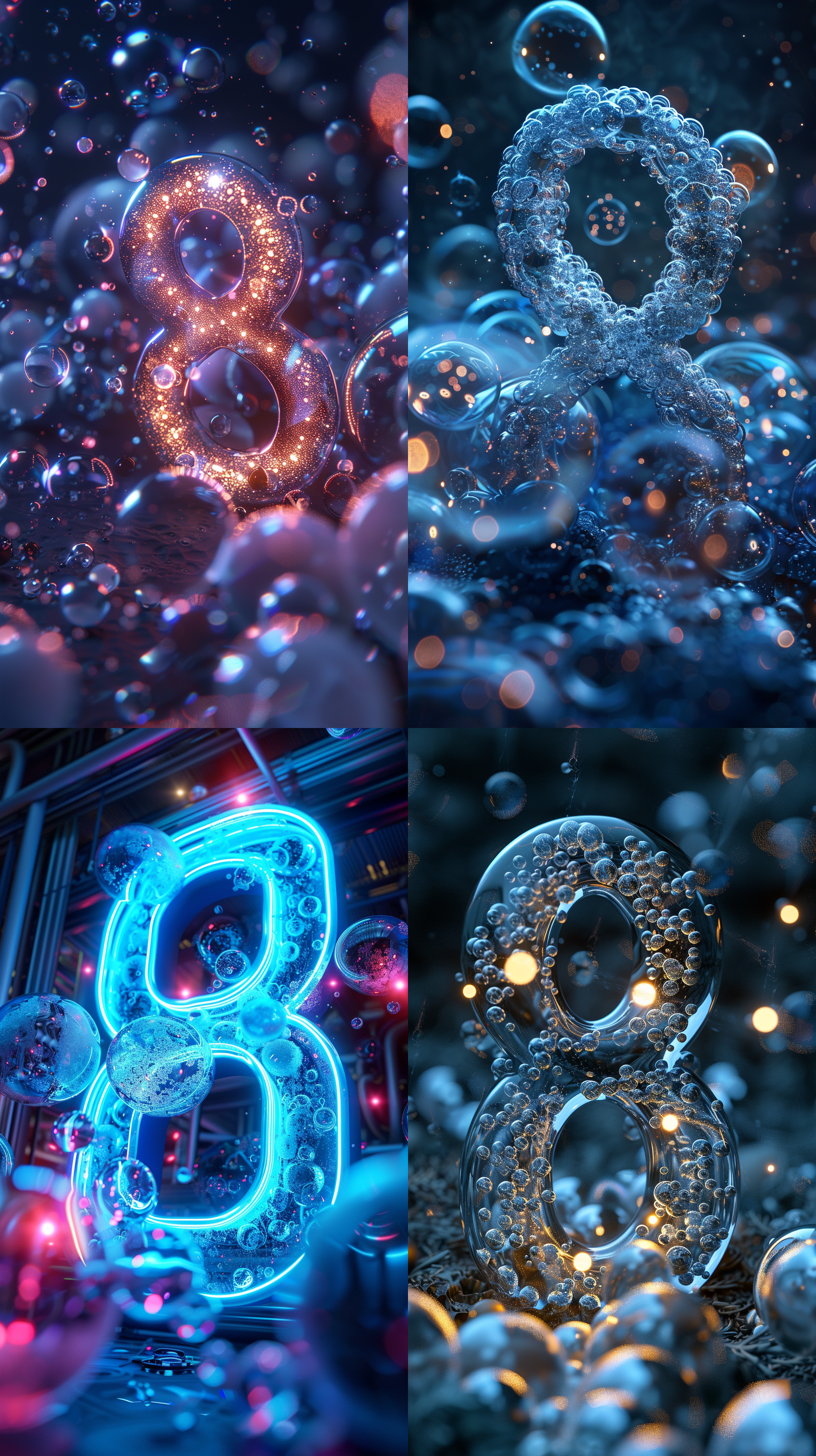 number"8", blue background,transparentbubbles, laser light, soft lighting, laser color,3d render,插画