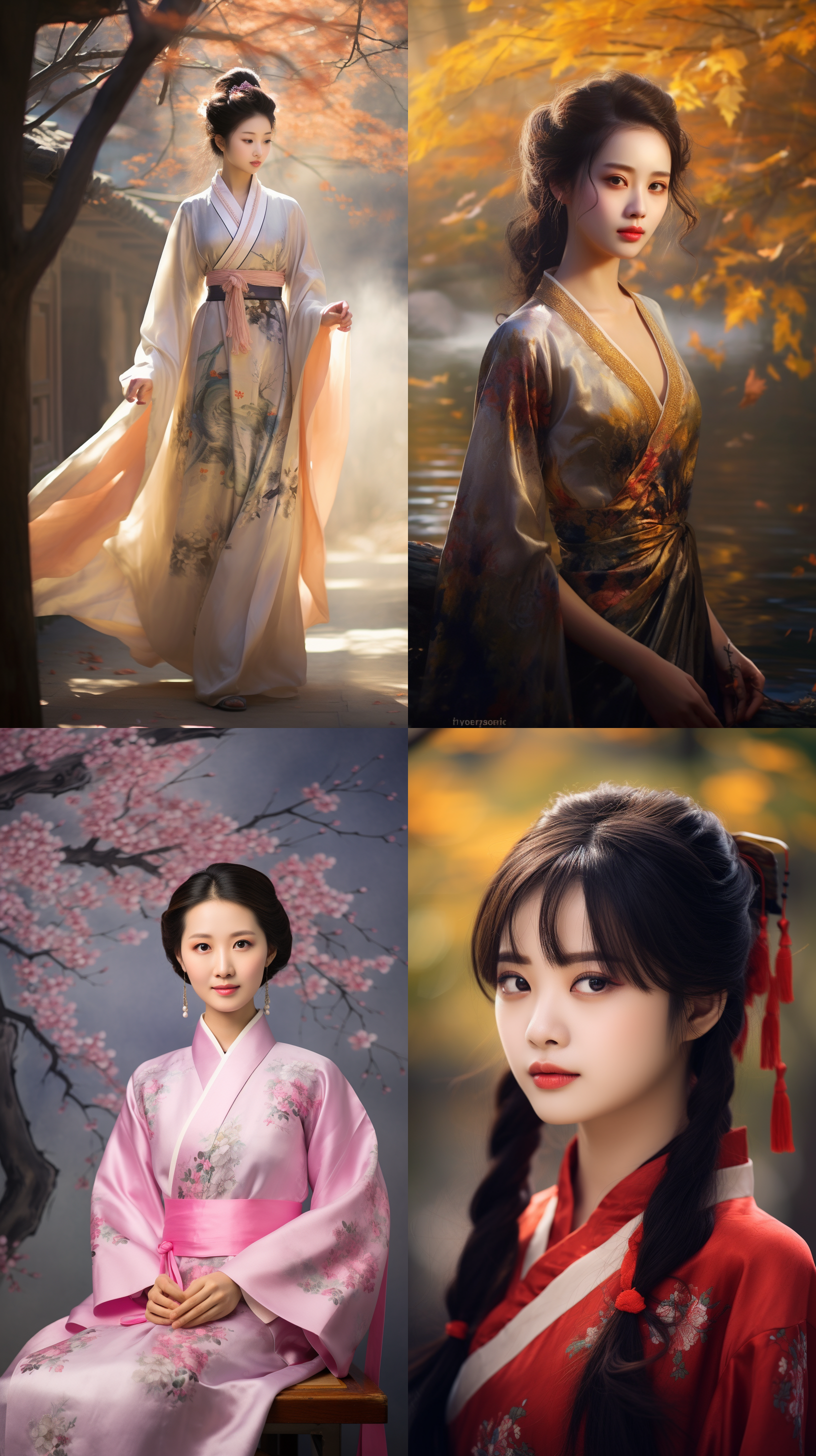 室外拍摄，明亮色调，中国模特穿着古典服装，侧面肖像，柔和光线，中焦镜头，端庄表情，优雅动作，传统元素，油画效果，温暖情感