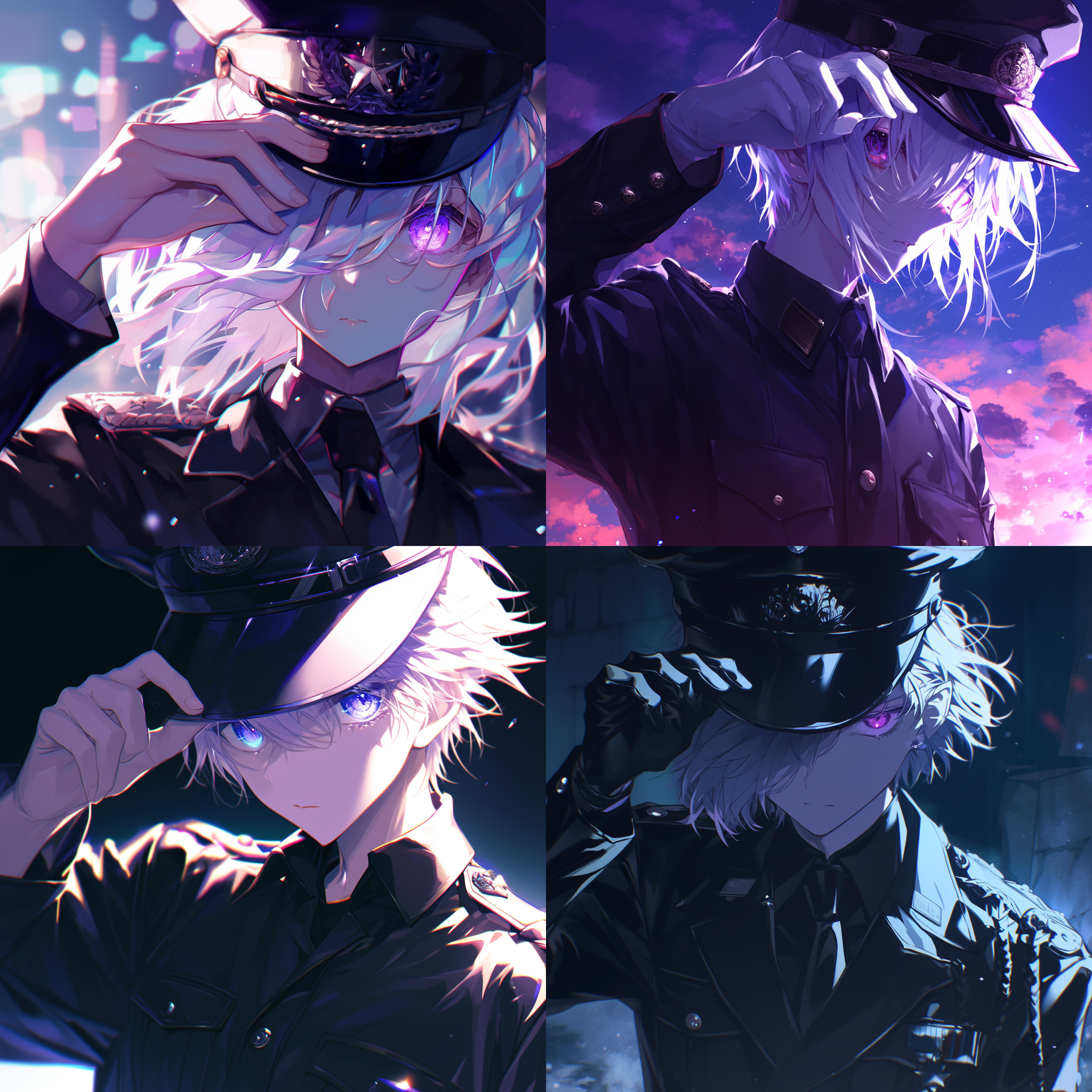 白发日式动漫男性，大军官帽，军服，少年，逆光，夜晚，面对镜头，拉下帽遮左眼，高饱和度，紫色调，长焦镜头，侧光，神秘，冷峻。