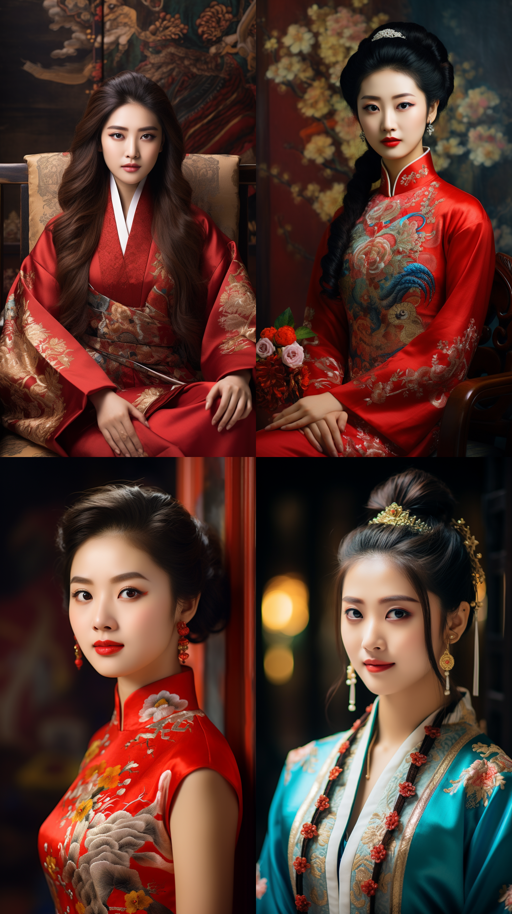 室内拍摄，明亮色调，中国模特穿着古典服装，侧面肖像，柔和光线，中焦镜头，端庄表情，优雅动作，传统元素，油画效果，温暖情感