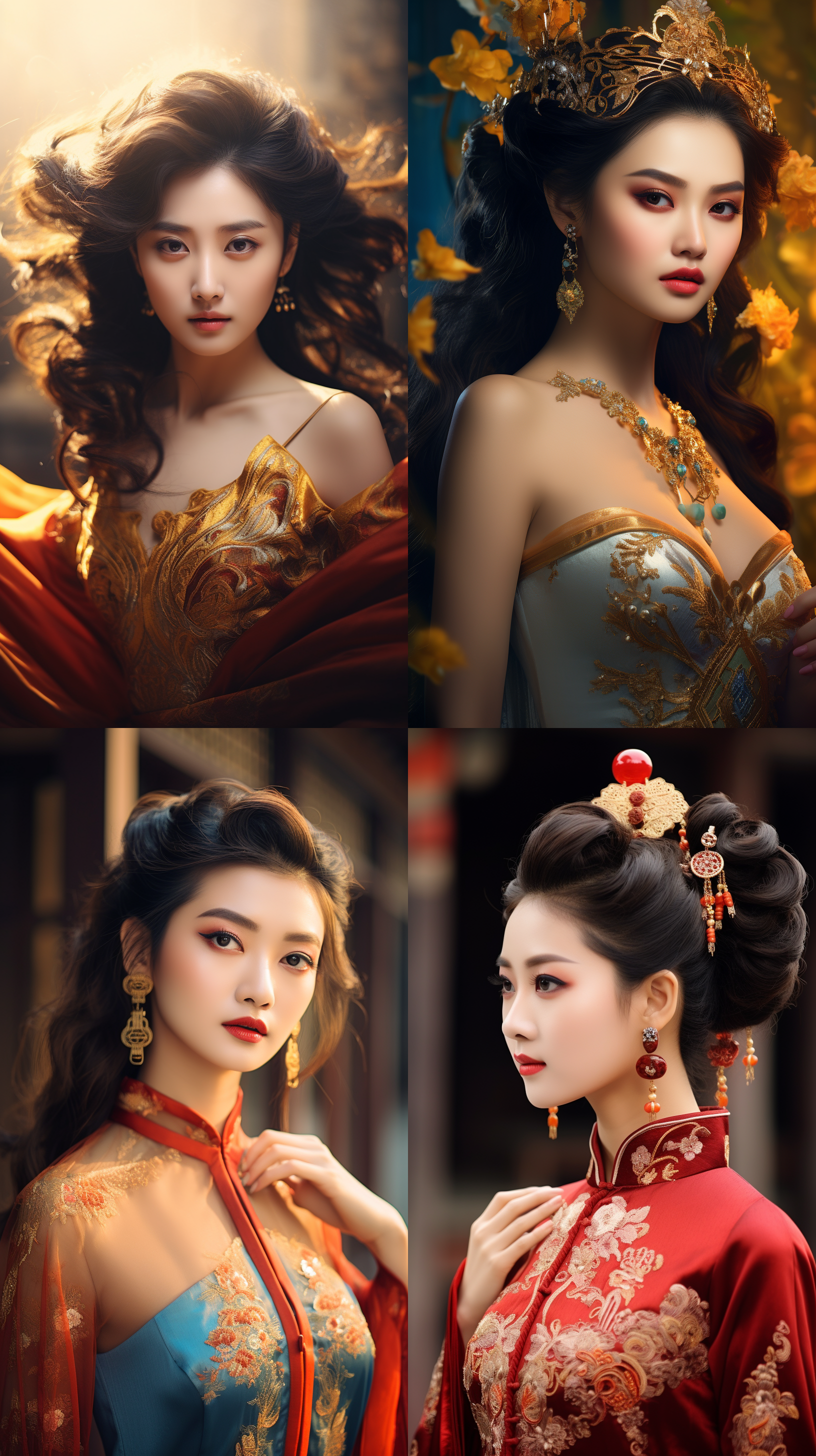 室外拍摄，明亮色调，中国模特穿着古典服装，侧面肖像，柔和光线，中焦镜头，端庄表情，优雅动作，传统元素，油画效果，温暖情感