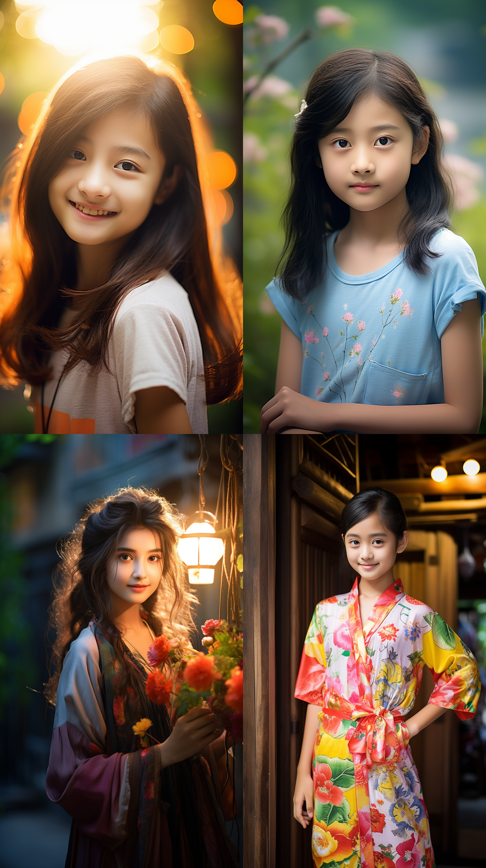 12岁中国女孩，肖像镜头，明亮光线，花园中，明亮色调，微笑，自然风格，柔和光线，清晰焦距，温暖色调，快门。