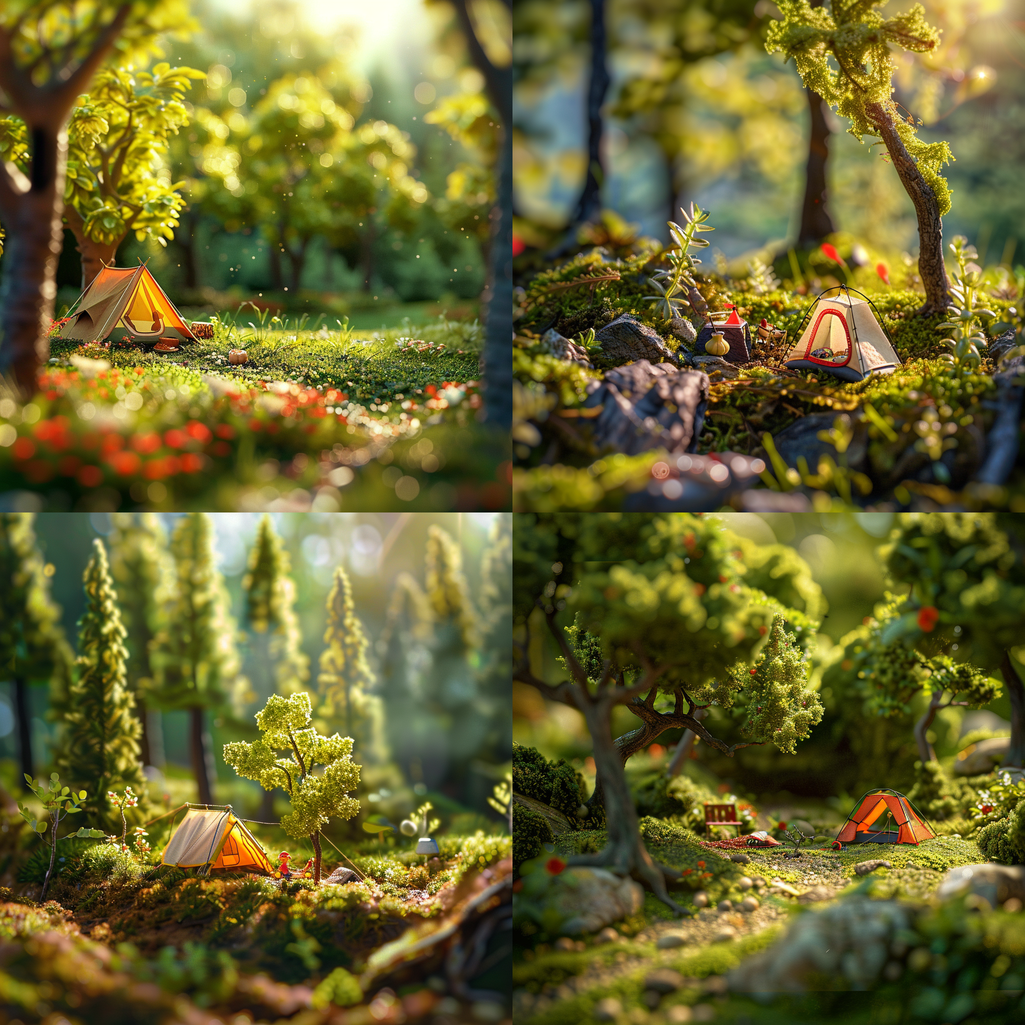 春天微缩露营场景，色彩鲜艳，光线柔和，高清，细节清晰，广角镜头，绿树成荫，小帐篷，温暖阳光，微风拂面，欢笑声，快门延迟，放松。