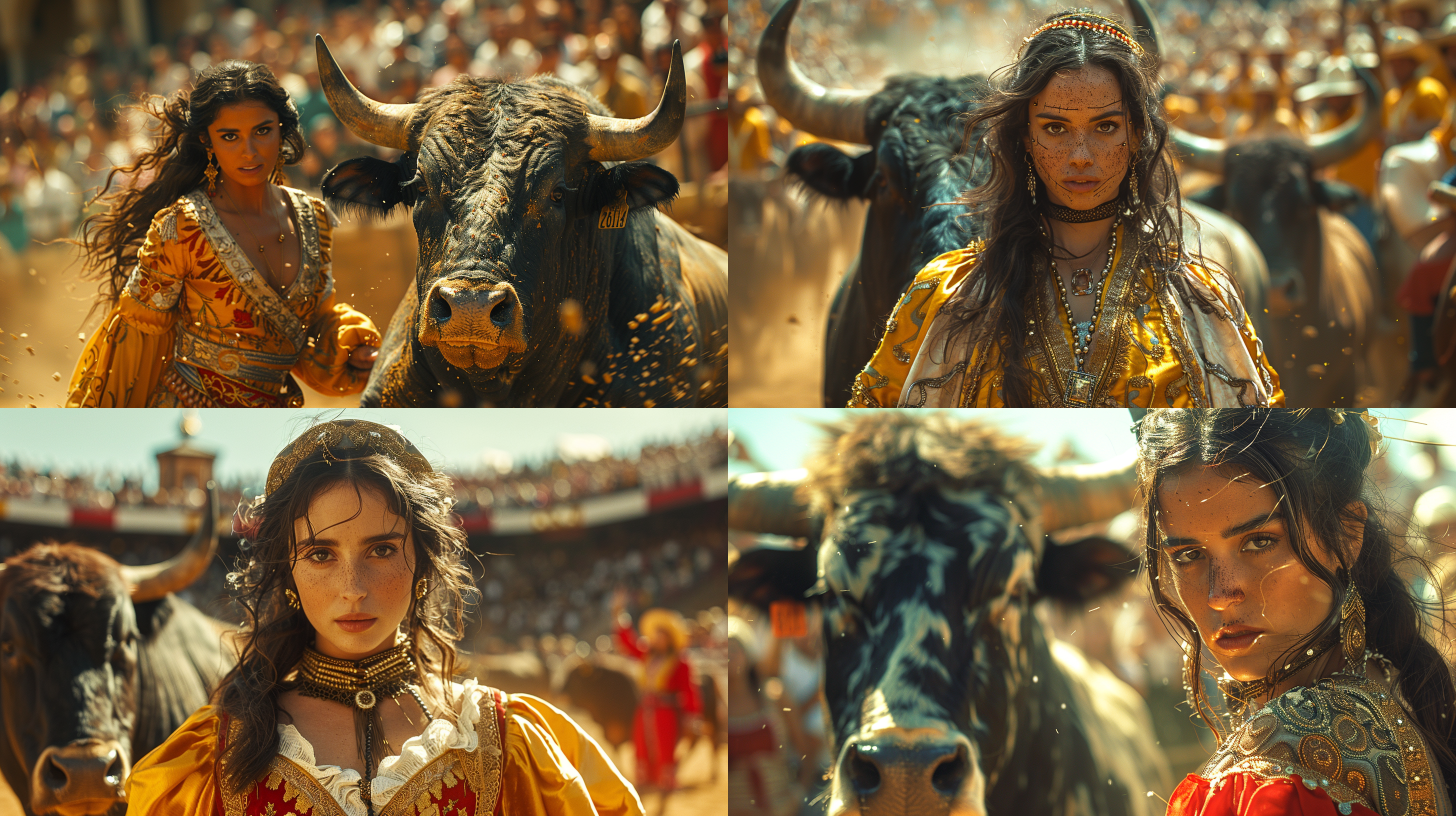 女斗牛士身着华丽的西班牙斗牛服，面对一头威猛的牛。照片构图对称，充满动感。背景是一个宽敞的斗牛场，周围观众欢呼雀跃。女斗牛士表情坚定，目光坚毅。照片风格高饱和度，明亮的色彩，强烈的对比度，展现了斗牛士的勇气与决心。斗牛士、牛、斗牛场、观众、华丽、动感、对称、坚定、勇气、决心、高饱和度、明亮、对比度。