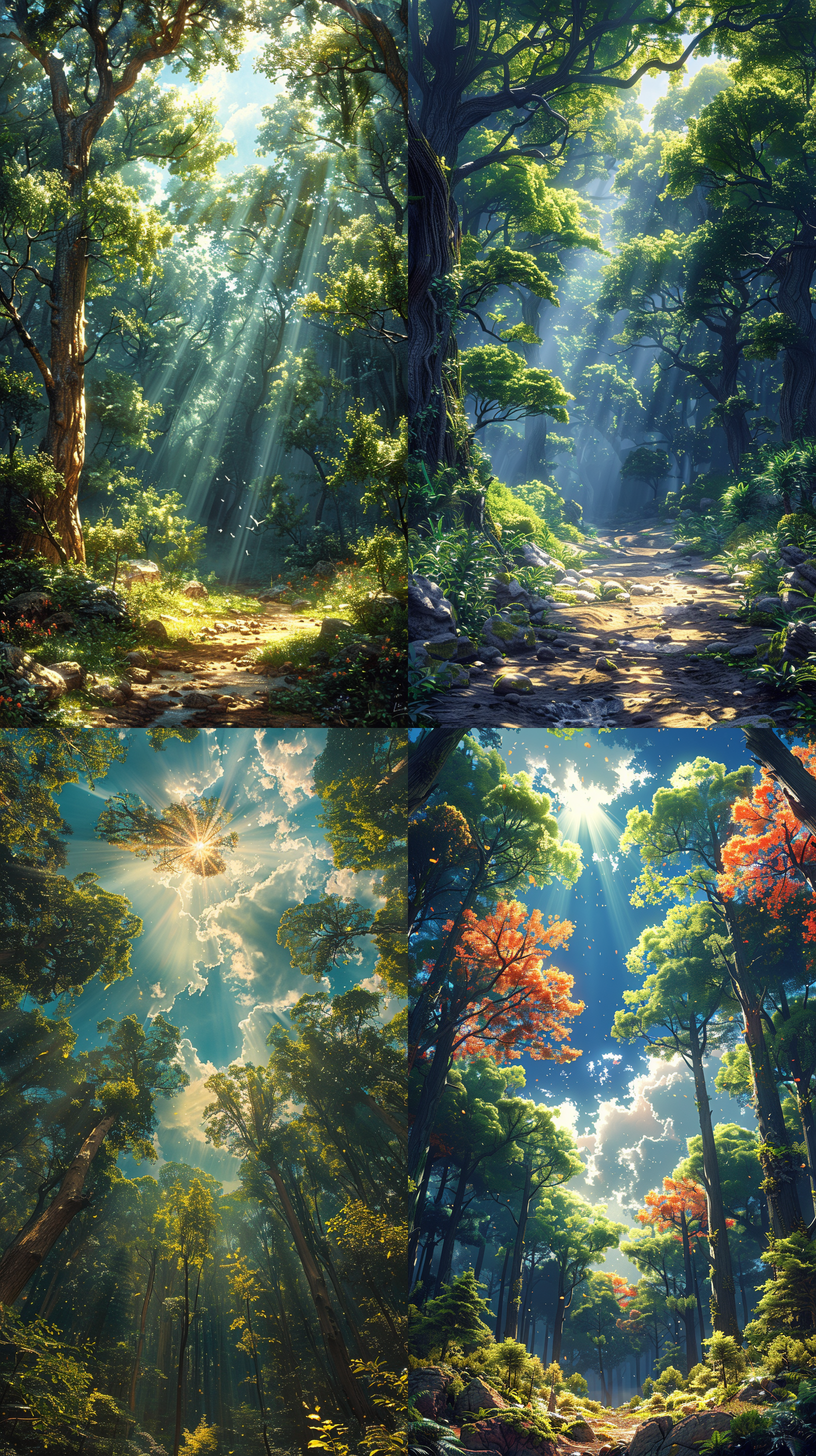 参天大树，森林中，阳光光束，巨大树干，细节纹理，自然色调，宁静，孤独，树影。