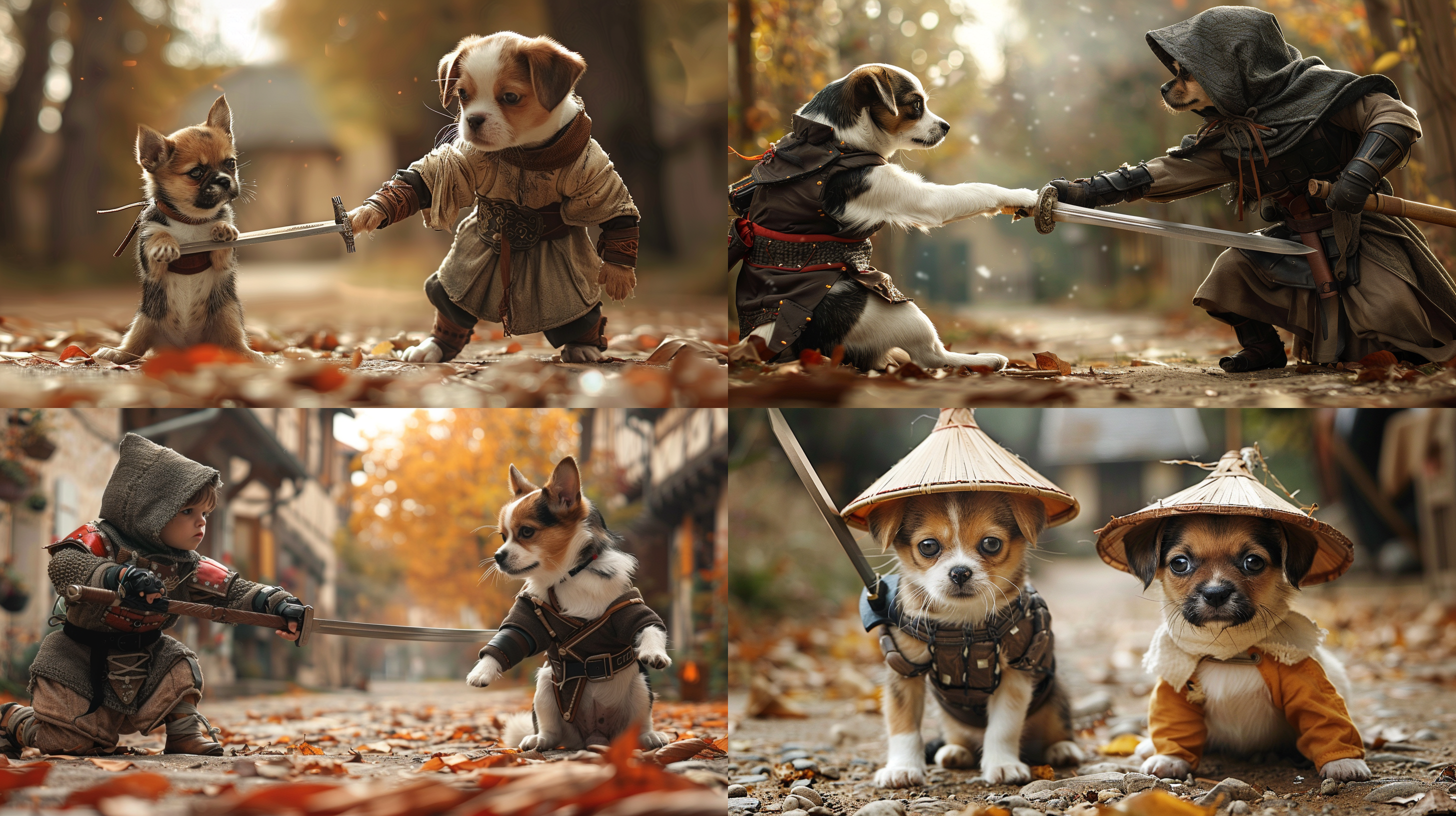 小猫与小狗，古装侠客服饰，在林中，决斗，手持剑，紧张氛围，漫画形象，3d效果 电影风格 森林 正视 电影灯光 幻想四季 全身角色 武侠 汉服 竹子 生气