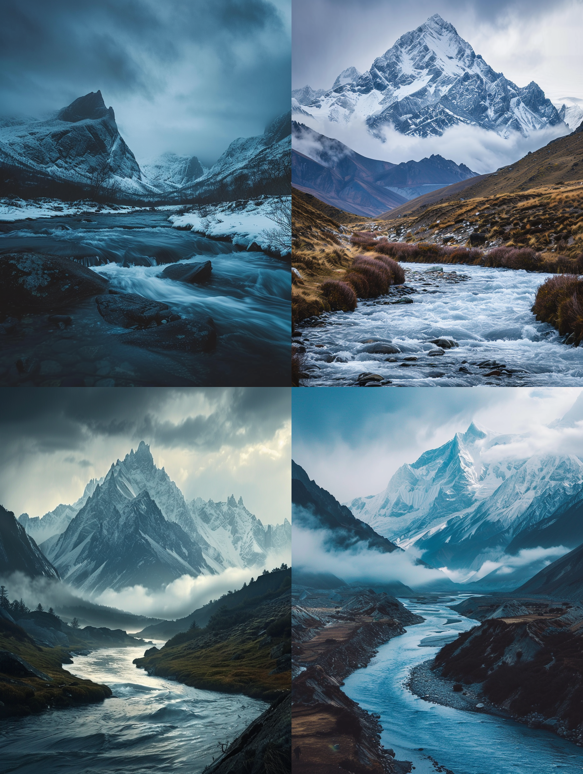 雪山下的河流，河流蜿蜒流淌，雪山高耸入云，自然光，广角镜头, 高对比度, 蓝色调, 山脉, 水流动感, 宁静, 自然美。