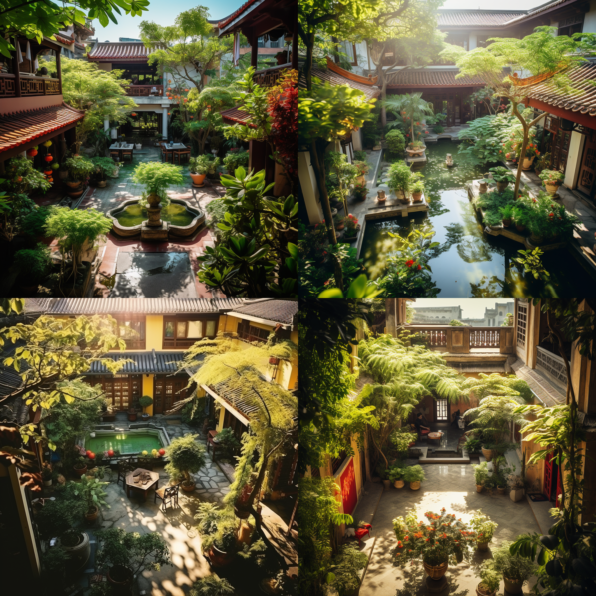 云南小院风格，漂亮花园，3层别墅。, 复古风格，俯拍，绿色植物，阳光穿过树叶，中焦镜头，明亮色调，静态，优雅。