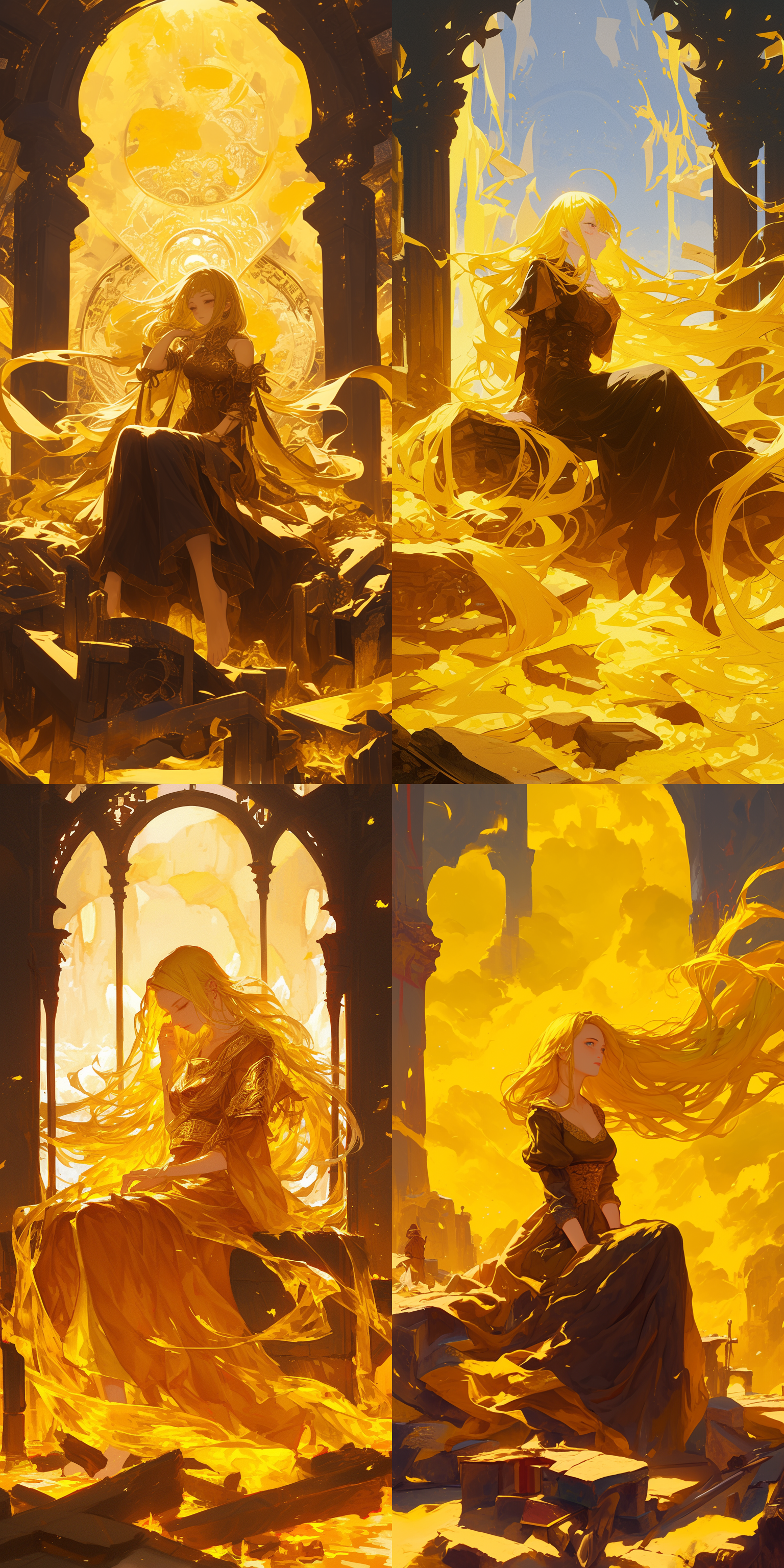 女法师，坐在遗迹的碎石上，梳理着自己发着金色光芒的长卷发，头发发光