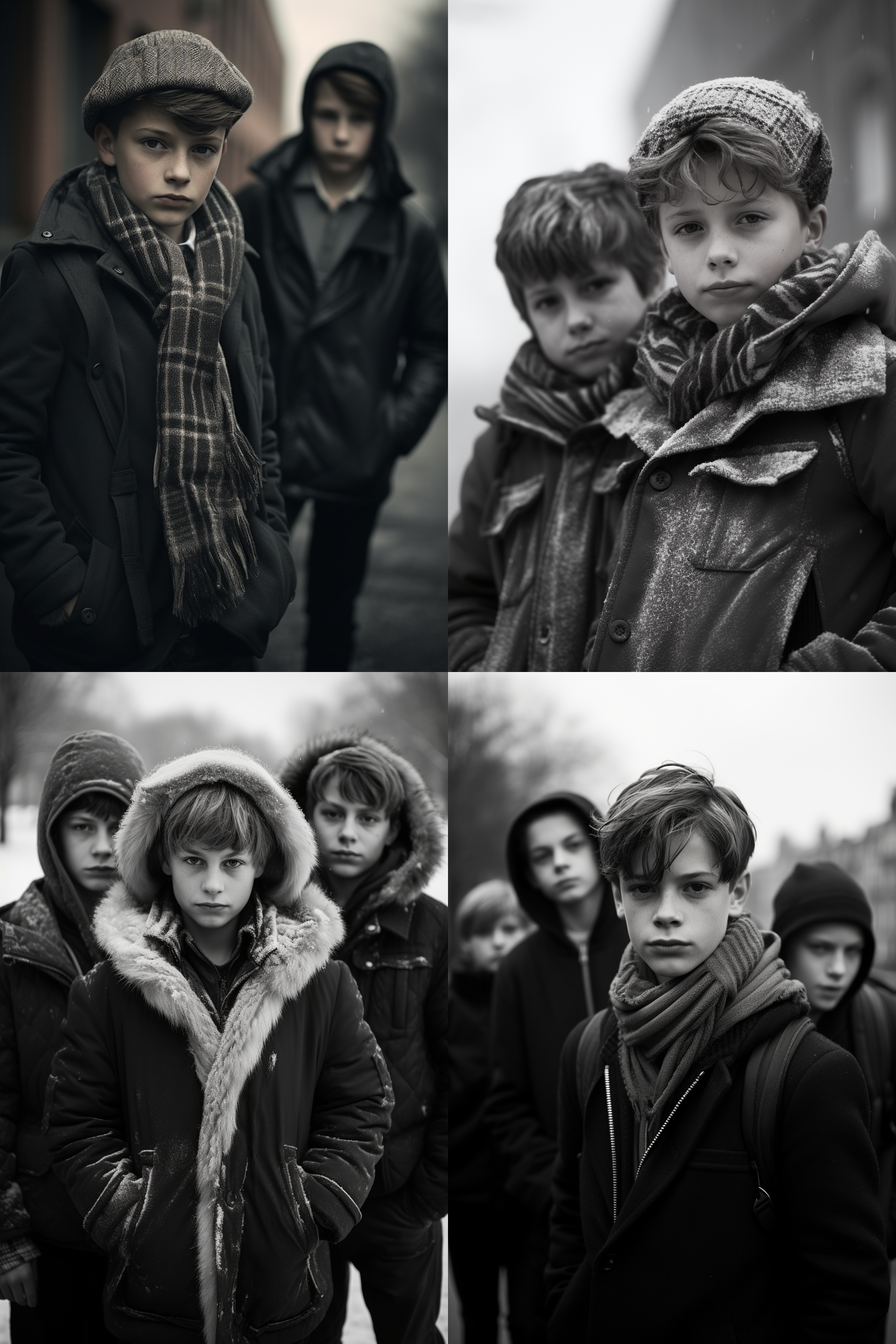 学生们兴奋，男生冷淡，宽广背景，高光，黑白风格，长焦镜头，静态，集中注意力，严肃。