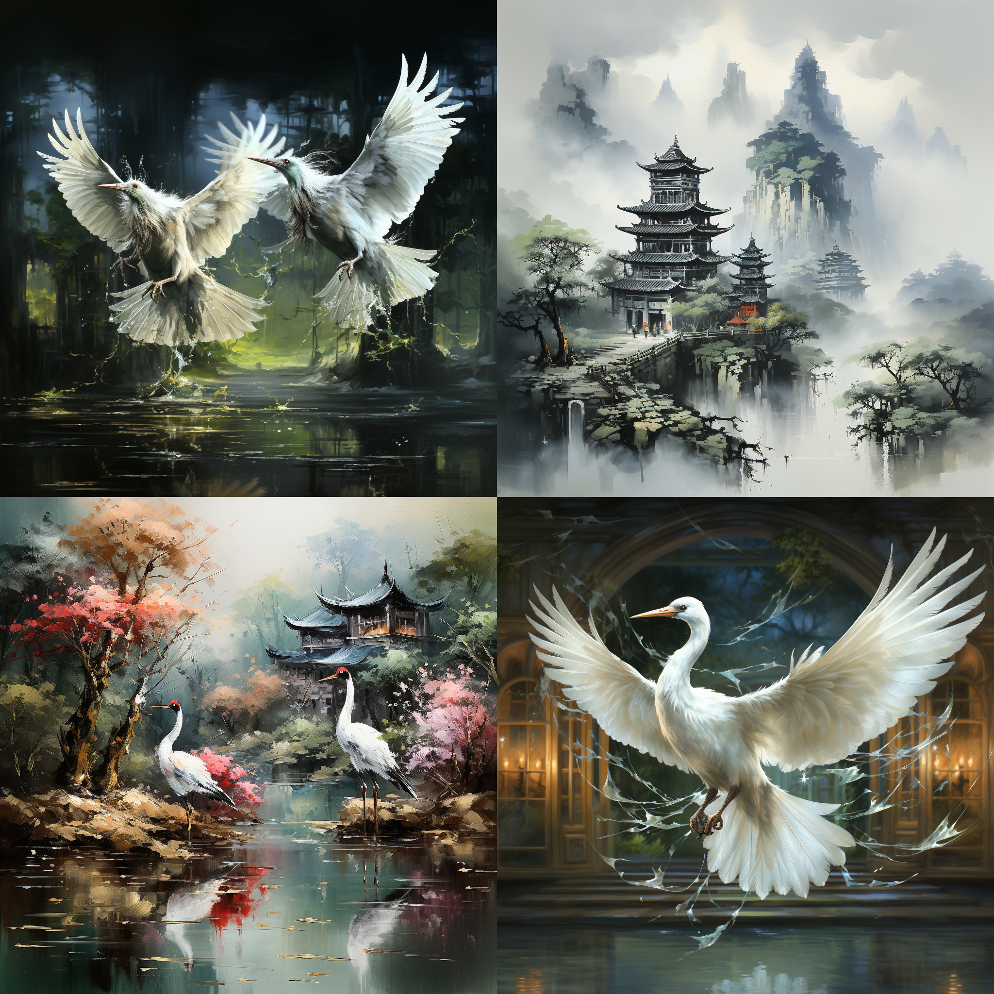 古風道家，白鶴飛舞，山水畫風，靜止打坐，蒼柏環繞，古典肖像，自然光線，雄偉山巒，深邃景深，白發飛揚，風雅氣質，莊嚴智慧。