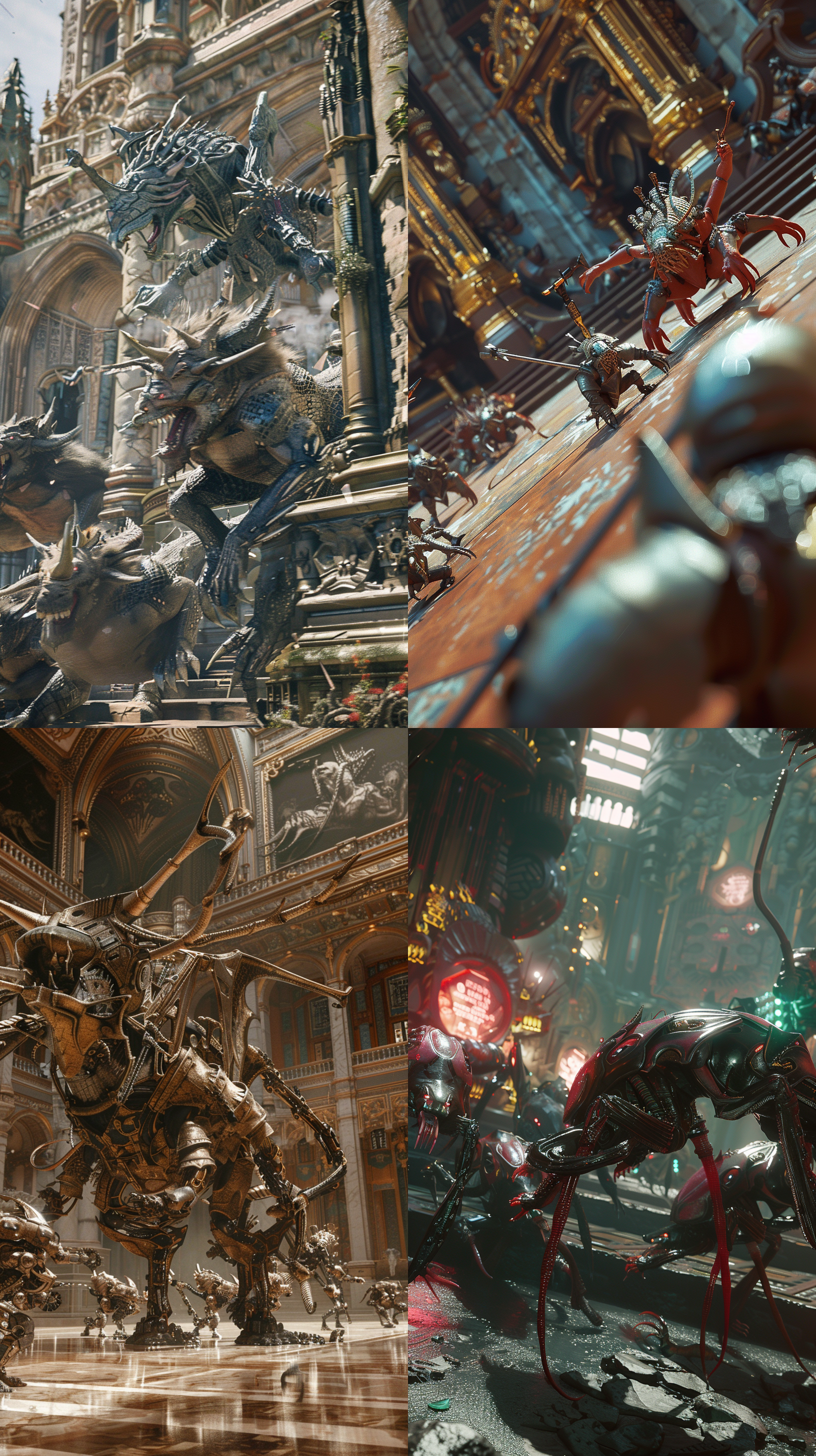 一群身穿盔甲的动物，战斗姿势，在皇宫里，科幻，全景相机，主观视角，超现实，超未来主义，超详细，赛博朋克，3d艺术，冷色调，最佳质量，居中。