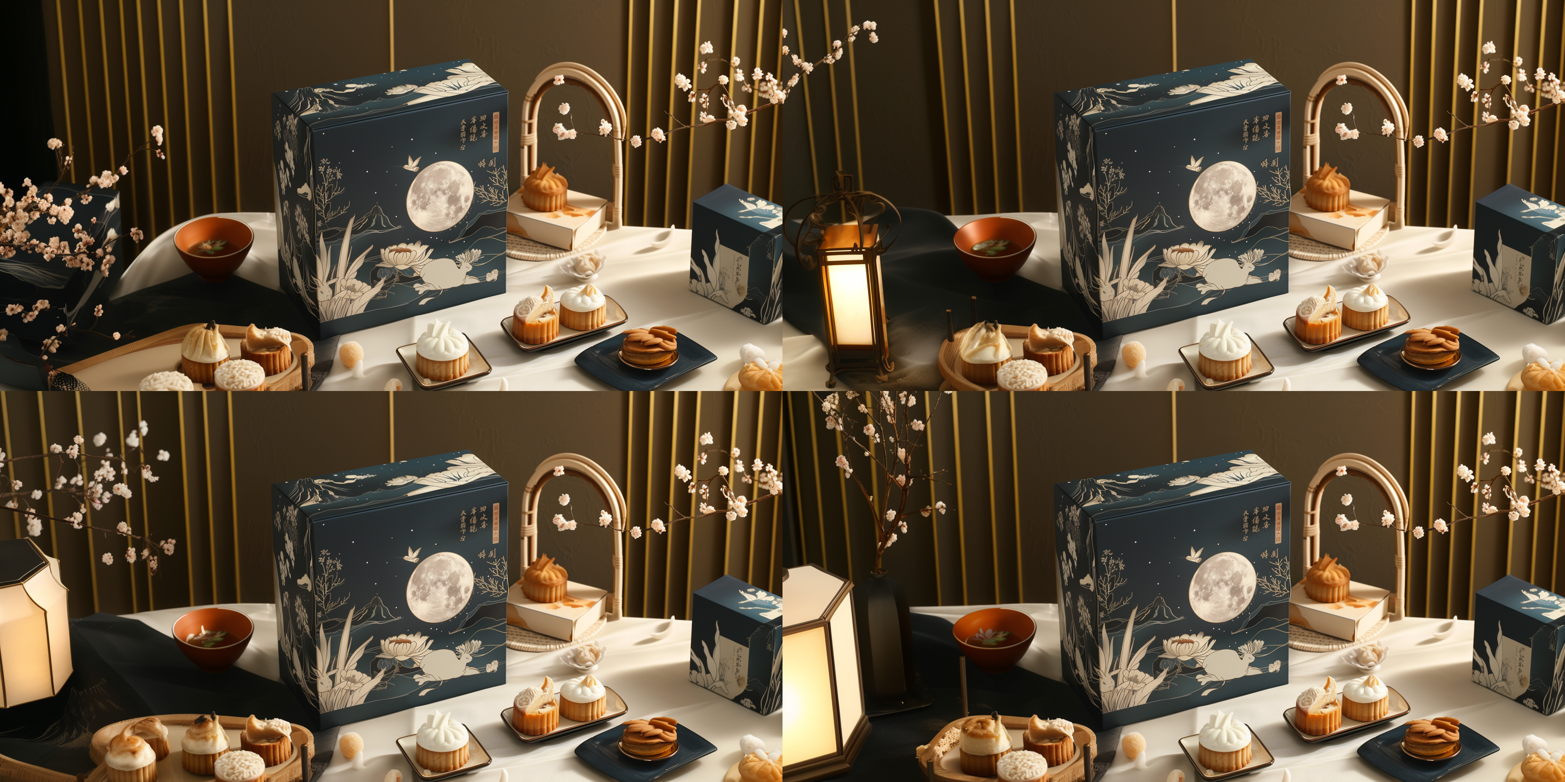 这个包装盒封面，包装盒子整套，外盒加内盒，以中秋节为主题，采用了中国传统的水墨画风格。画面中有一轮明月、一只玉兔和一些中秋元素，如桂花、月饼等。整体设计简洁而优雅，展现了中秋节的浪漫氛围。