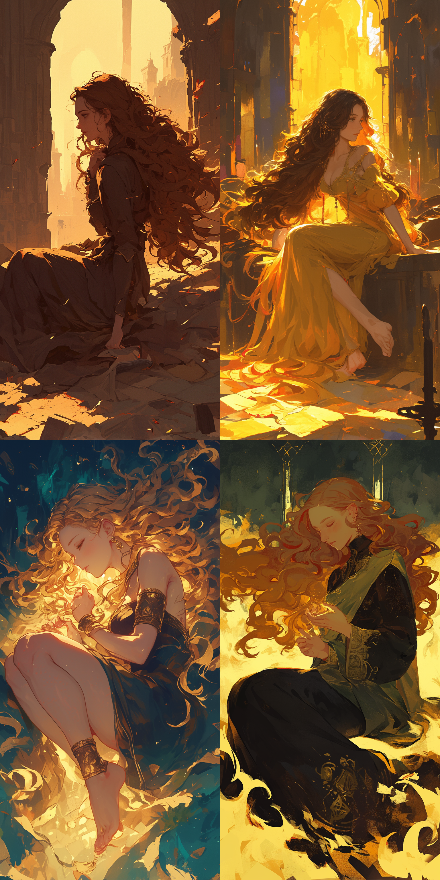 女法师，坐在遗迹的碎石上，梳理着自己发着金色光芒的长卷发，头发内部散发出光芒，夜晚，色彩对比