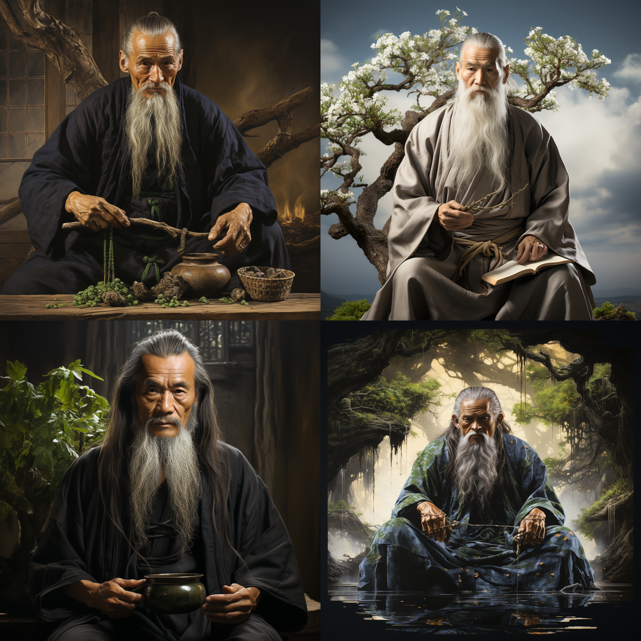 老子打坐，道家，衣裝飄逸，白發飛揚，手托青牛，法器，飄渺山巒疊翠蒼柏，白鶴，古風，山水畫風，景深，自然光，靜止，大氣色調，莊嚴，悠遠，智慧。