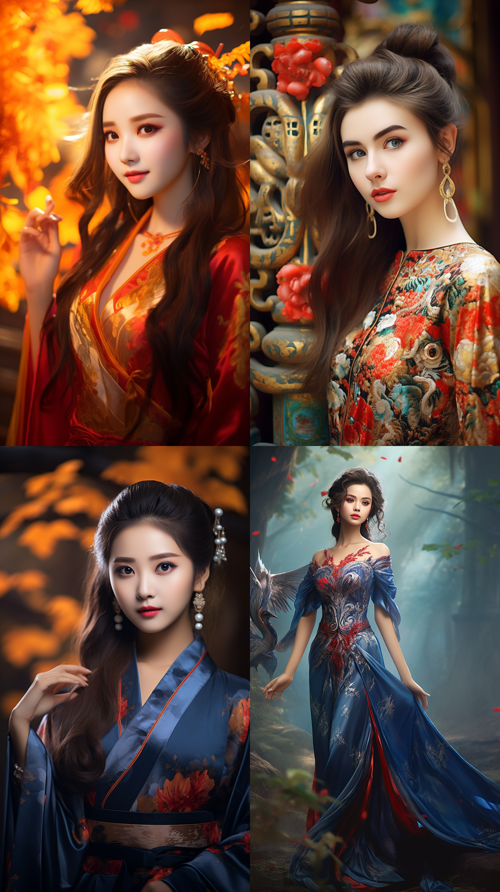 室外拍摄，明亮色调，中国模特穿着古典服装，侧面肖像，柔和光线，中焦镜头，端庄表情，优雅动作，传统元素，油画效果，温暖情感